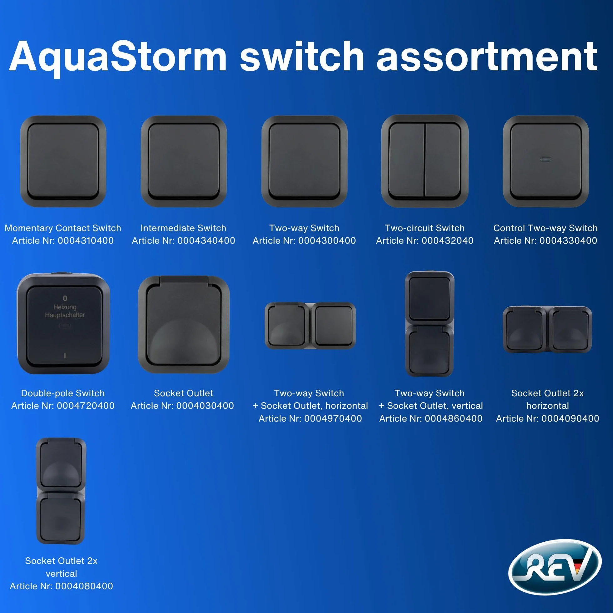 REV - AquaStorm, przełącznik szeregowy, włącznik światła do wilgotnych pomieszczeń, IP55, jednobiegunowy, natynkowy, 230 V, 10 A, antracyt