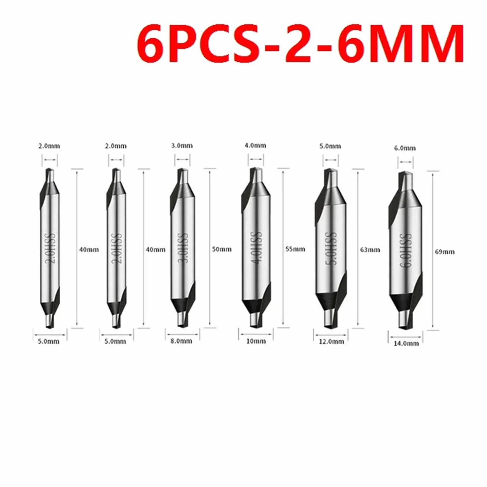Wiertło centrujące HSS, Zestaw wierteł centralnych HSS 60 stopni i pogłębiaczy 1,5-6,0 mm(6pcs 2.0 6.0mm)
