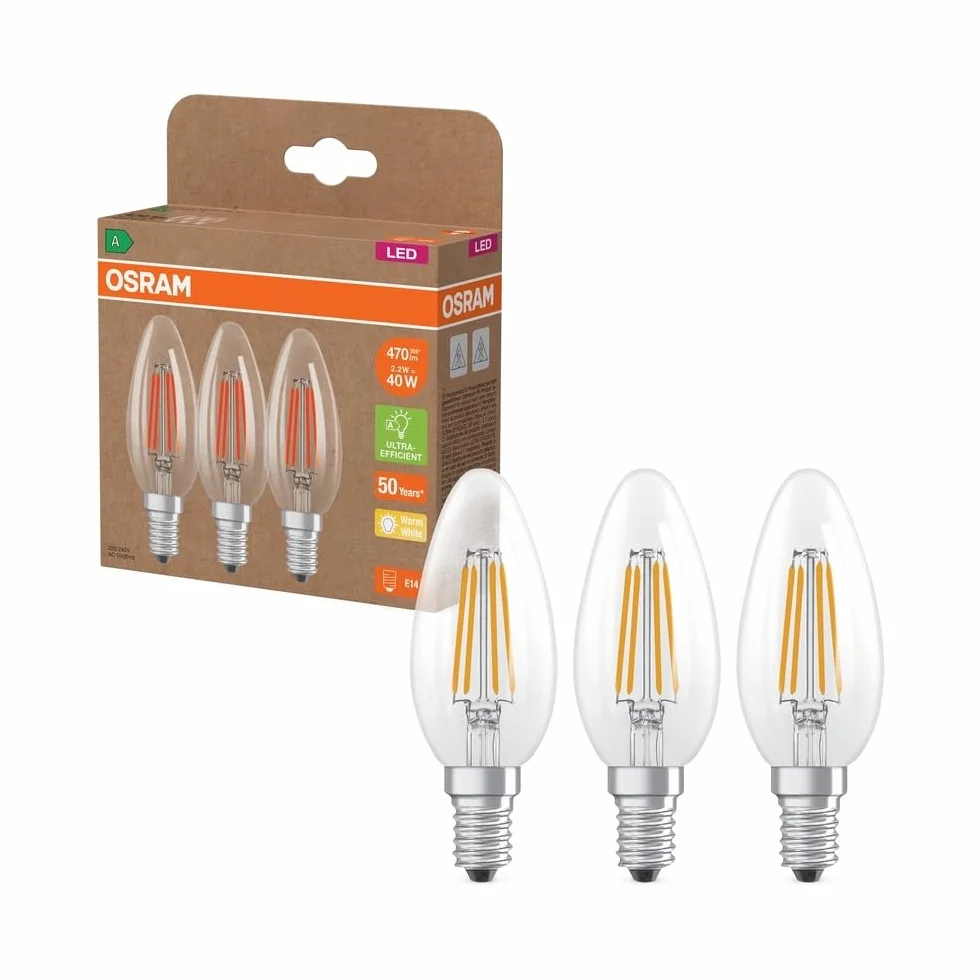 OSRAM Wysokowydajne lampy LED z klasą efektywności energetycznej A, zestaw 3 żarówek, zastępują tradycyjne żarówki 40W, kształt świeczki, ciepła biel (2700K), E14, szkło filamentowe