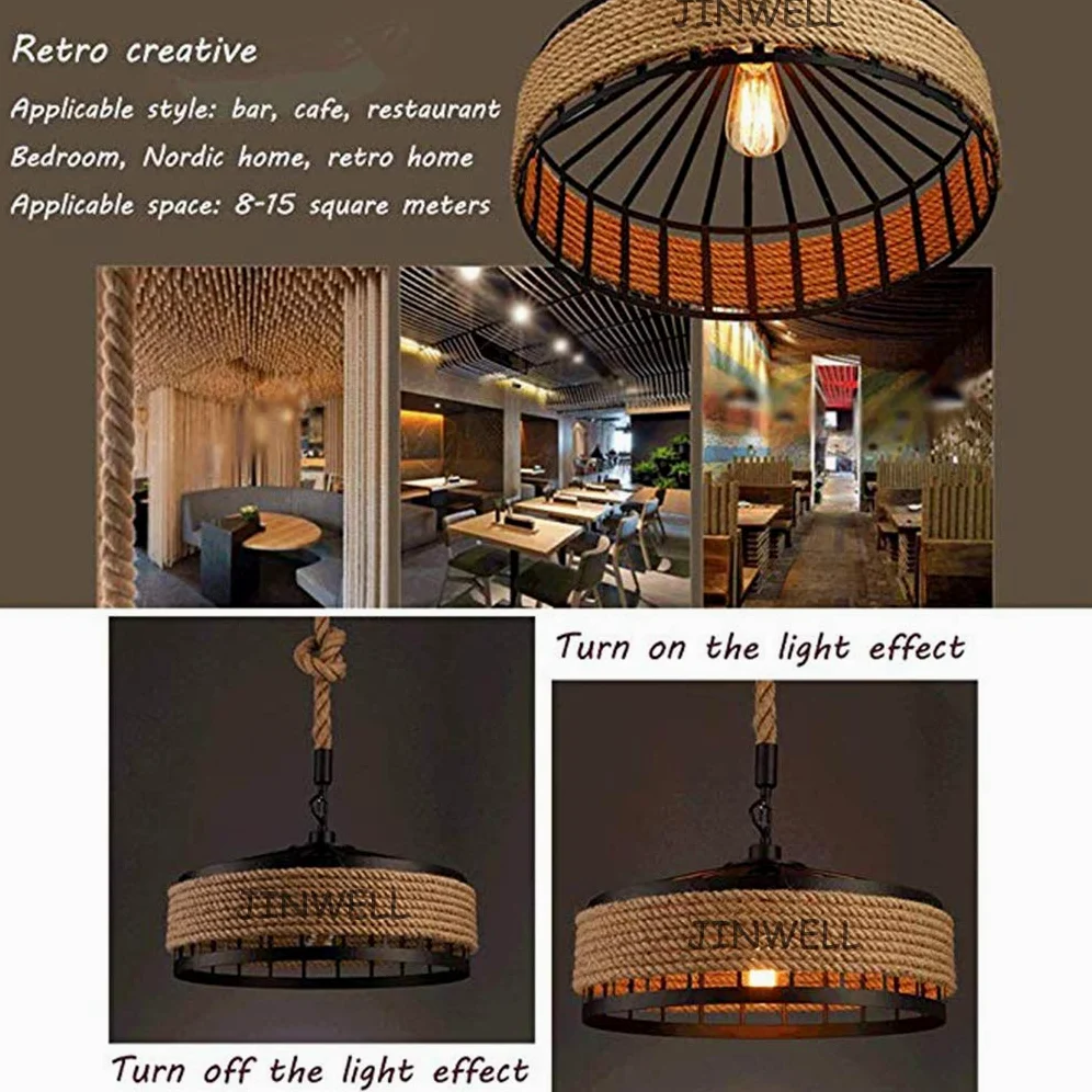 Lampa wisząca w stylu vintage/industrialnym/retro - żyrandol do salonu, okrągły, lina konopna, żelazna klatka, gwint E27, 1 głowica