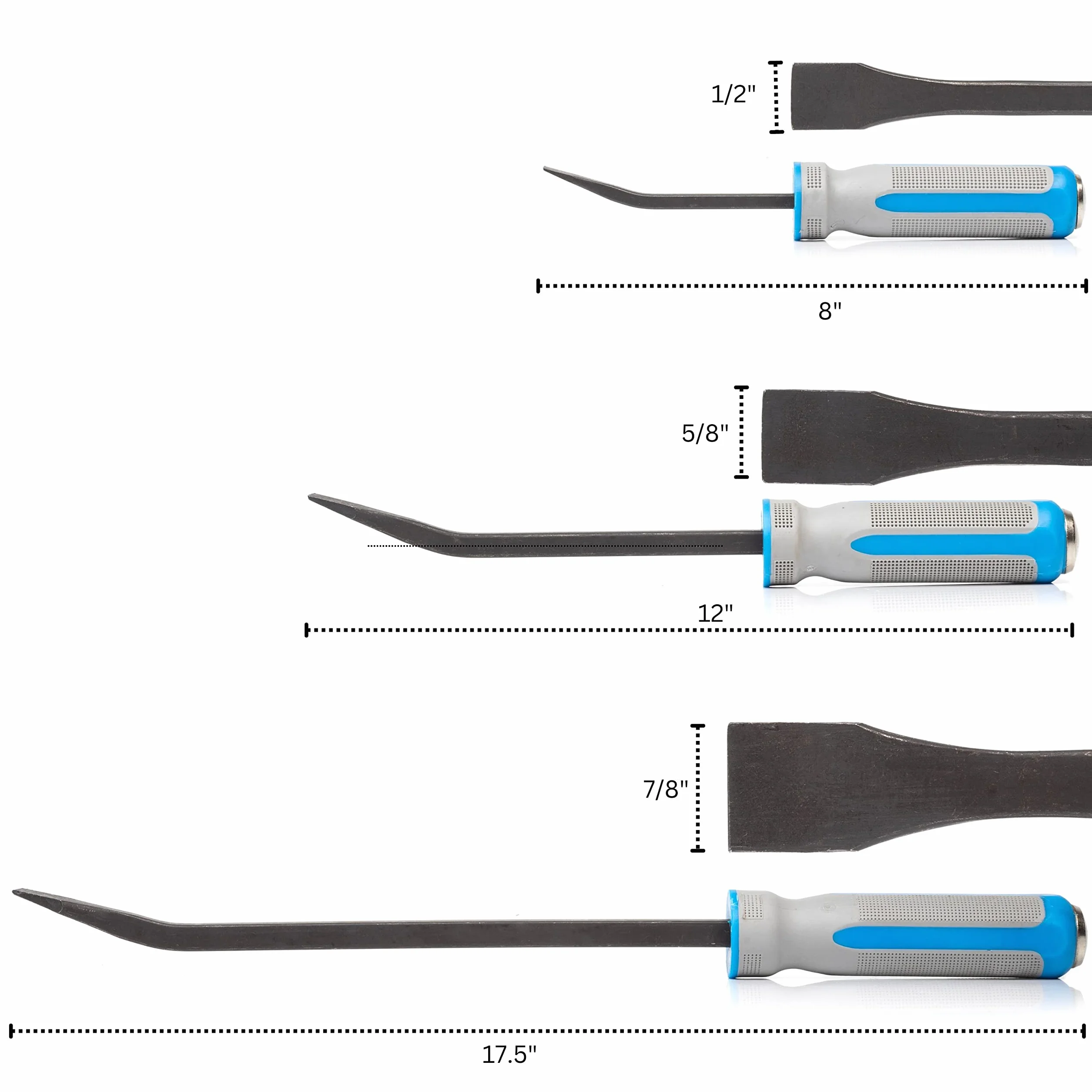NEIKO 00251A Pry Bar, 3-częściowy zestaw prętów do podważania końcówek kątowych, 20 cm, 30 cm i 44,5 cm z nasadką Go Through Striking Cap, teksturowane uchwyty łamacza TPR, wytrzymała stal chromowa
