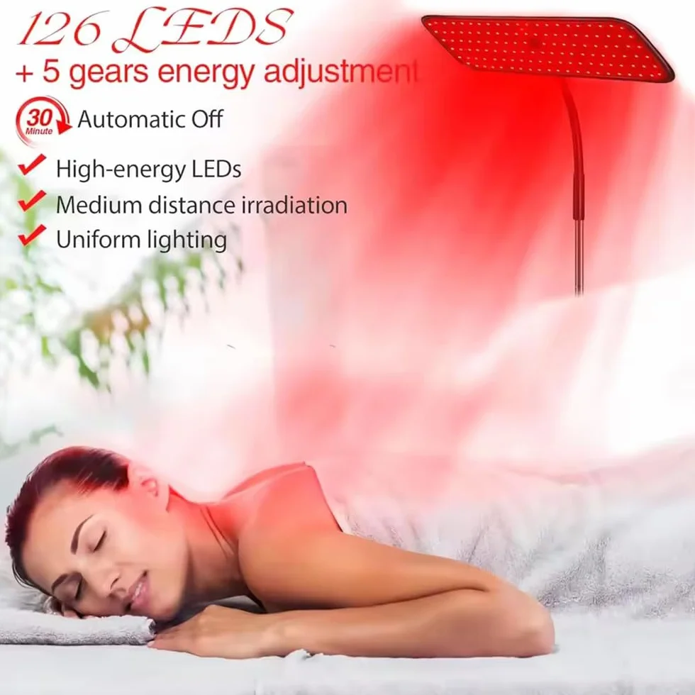 Lampa z czerwonym światłem, lampa stojąca, czerwone światło z cokołem, 126 LED 660 nm i 850 nm z cokołem, szyja wannowa 360°, regulacja wysokości, 4 poziomy jasności i timer, do łagodzenia twarzy