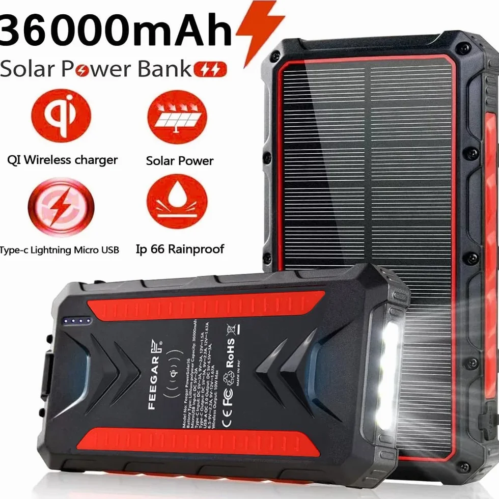 Feegar Solar Powerbank, 36000mah Wireless Power Bank, Ładowarka słoneczna PD20W szybkie ładowanie USB A/C 4 wyjścia i oświetlenie kempingowe, Kompatybilny z aparatem iPhone Smartphone iPad i nie tylko