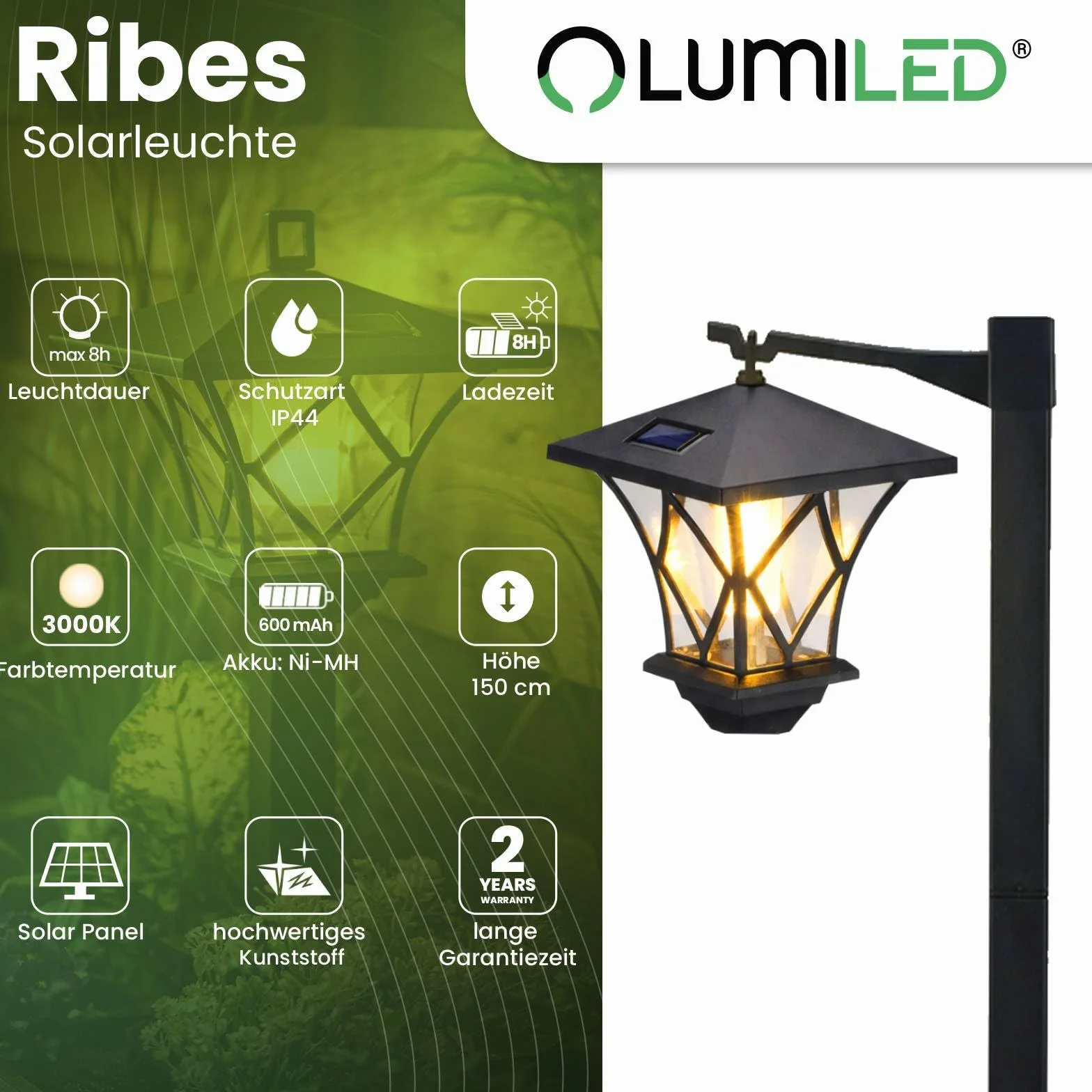 Lumiled Lampa solarna do ogrodu, z ostrzem do wbijania w ziemię, lampa solarna LED do użytku na zewnątrz, ciepła biel, 3000 K, solarna lampa ogrodowa, 150 cm, oświetlenie dróg, dekoracja ogrodowa