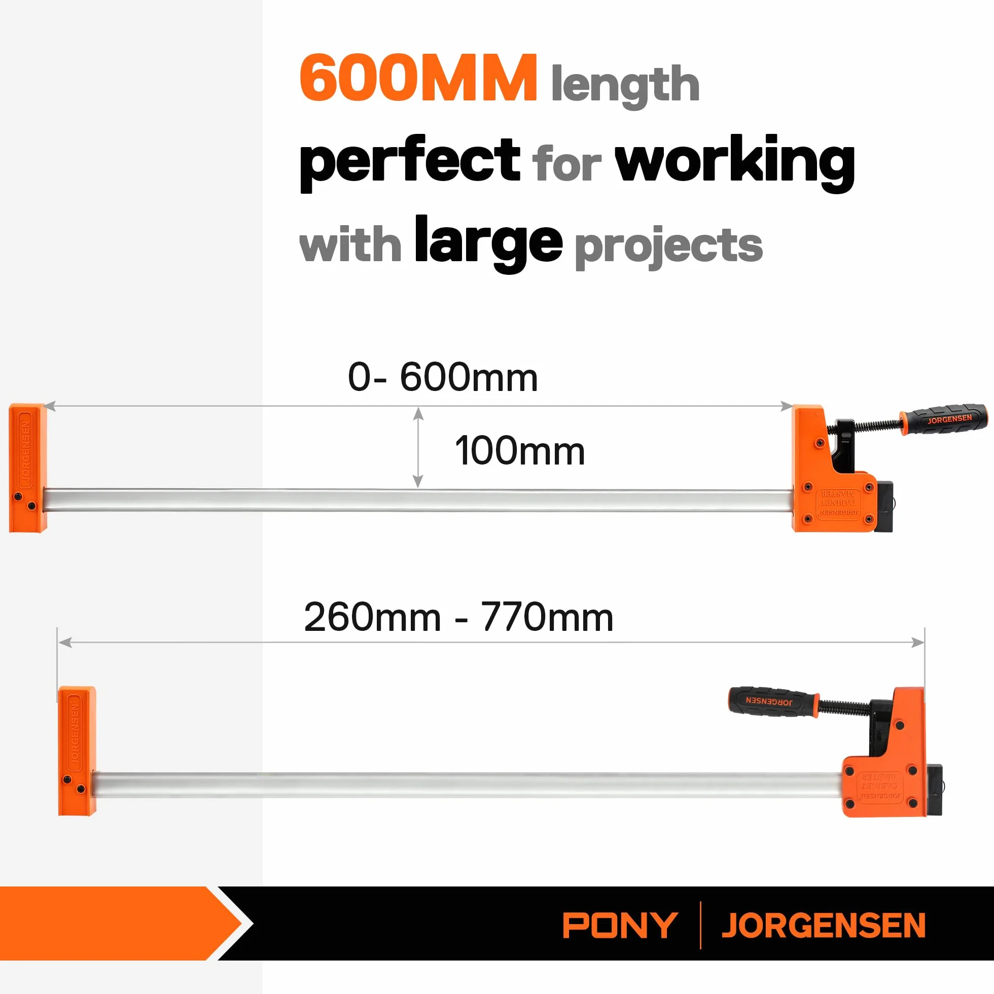 JORGENSEN Zaciski do obróbki drewna, 600 mm, wytrzymałe zaciski, jednoręczny zacisk/rozszerzacz, zacisk prętowy, 2-pak