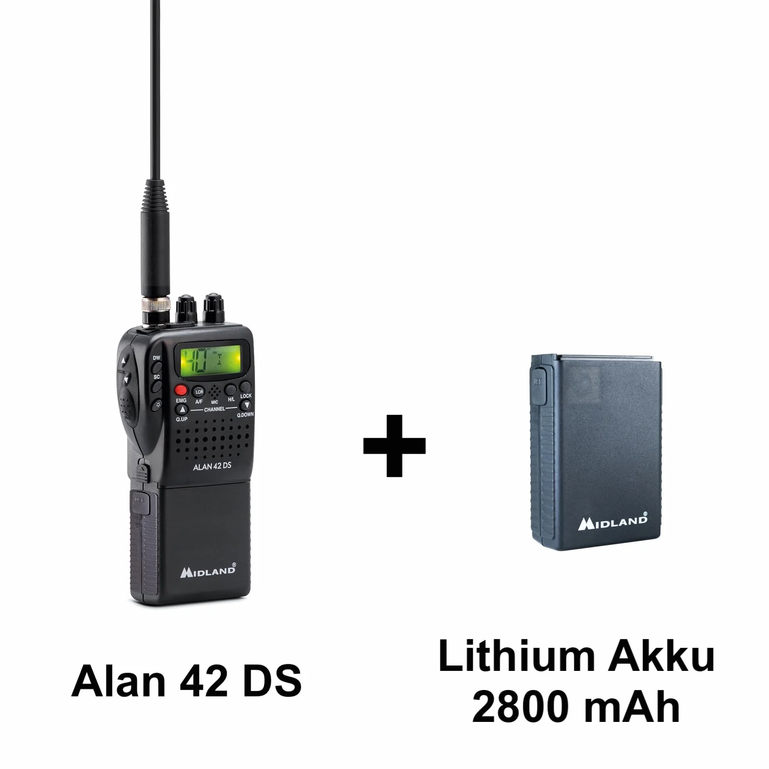Midland Alan 42 DS Powerbundle CB Multi Band AM/FM CB urządzenie radiowe i akumulator litowy przełączane na każdą europejską. Norma krajowa, 2-biegunowe gniazdo akcesoriów, cyfrowa blokada szumów,