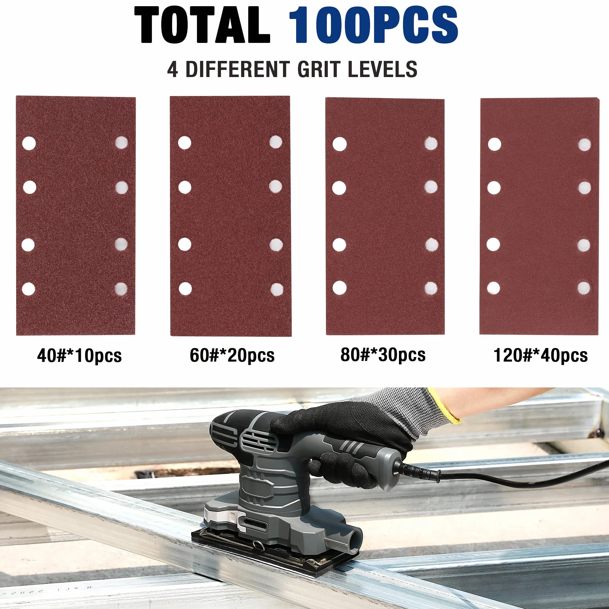 WORKPRO Tarcze szlifierskie 100 sztuk, prostokątne tarcze ścierne (185 x 93 mm) z 8 otworami, ziarno 40, 60, 80, 120 do polerowania, zwijania, wykończenia