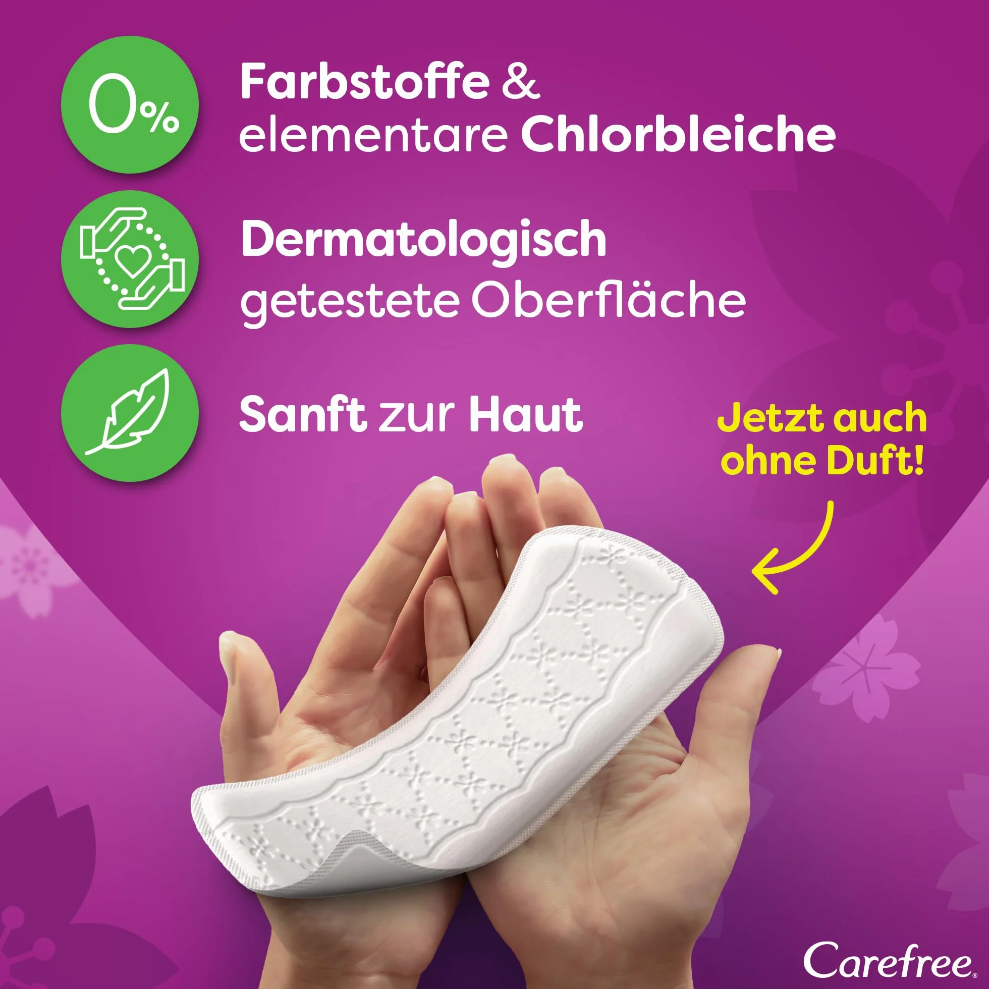 Carefree 56 x plus normalne wkładki o lekkim zapachu, bardzo chłonne, aby natychmiast zablokować płyny, normalny rozmiar