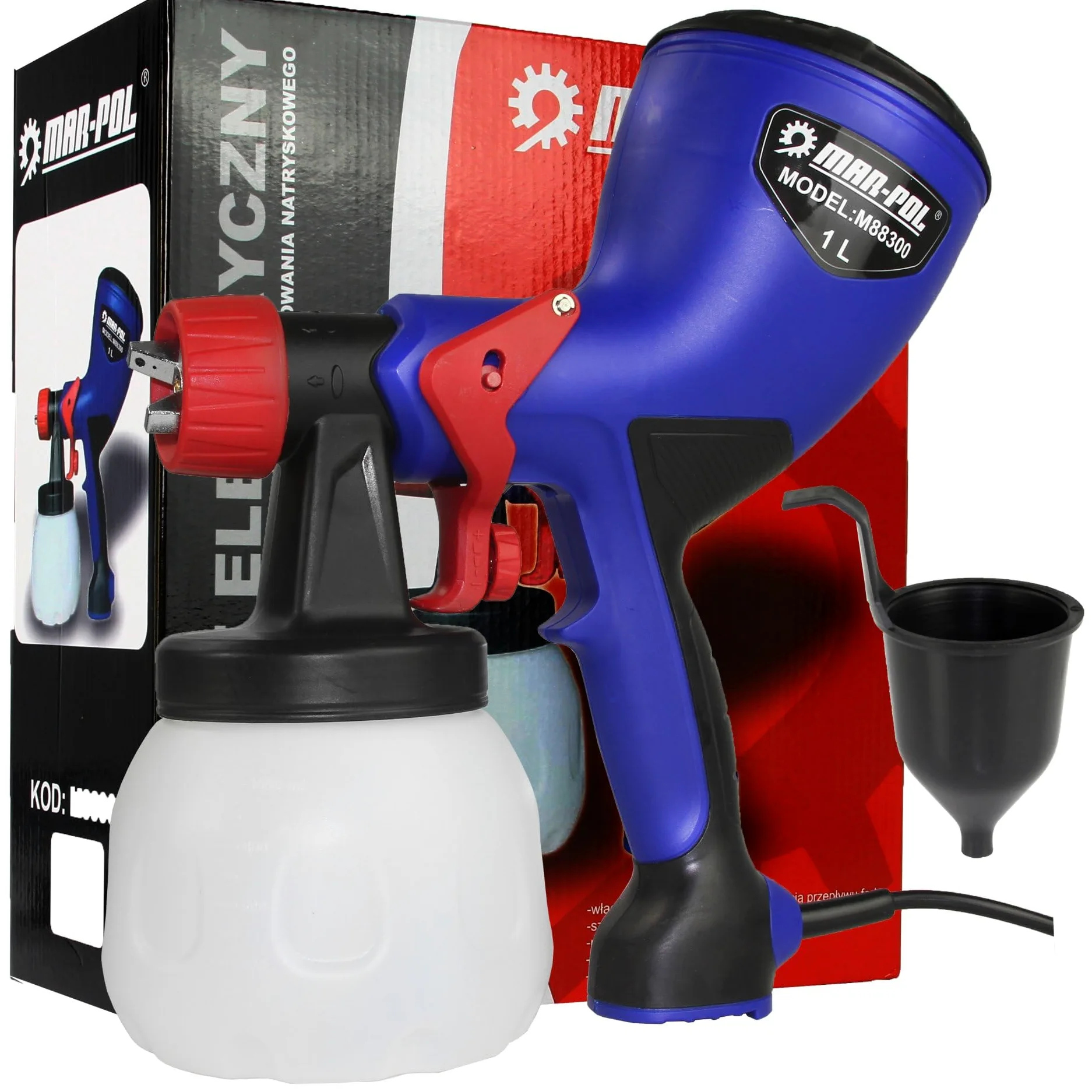 Elektryczny pistolet natryskowy | 600 W | Maksymalny przepływ 0,5 l/min | Dysza metalowa 1,8 mm | Zbiornik 1 litr | do farb olejowych akrylowych emulsyjnych, impregnujących podkładów lakierniczych