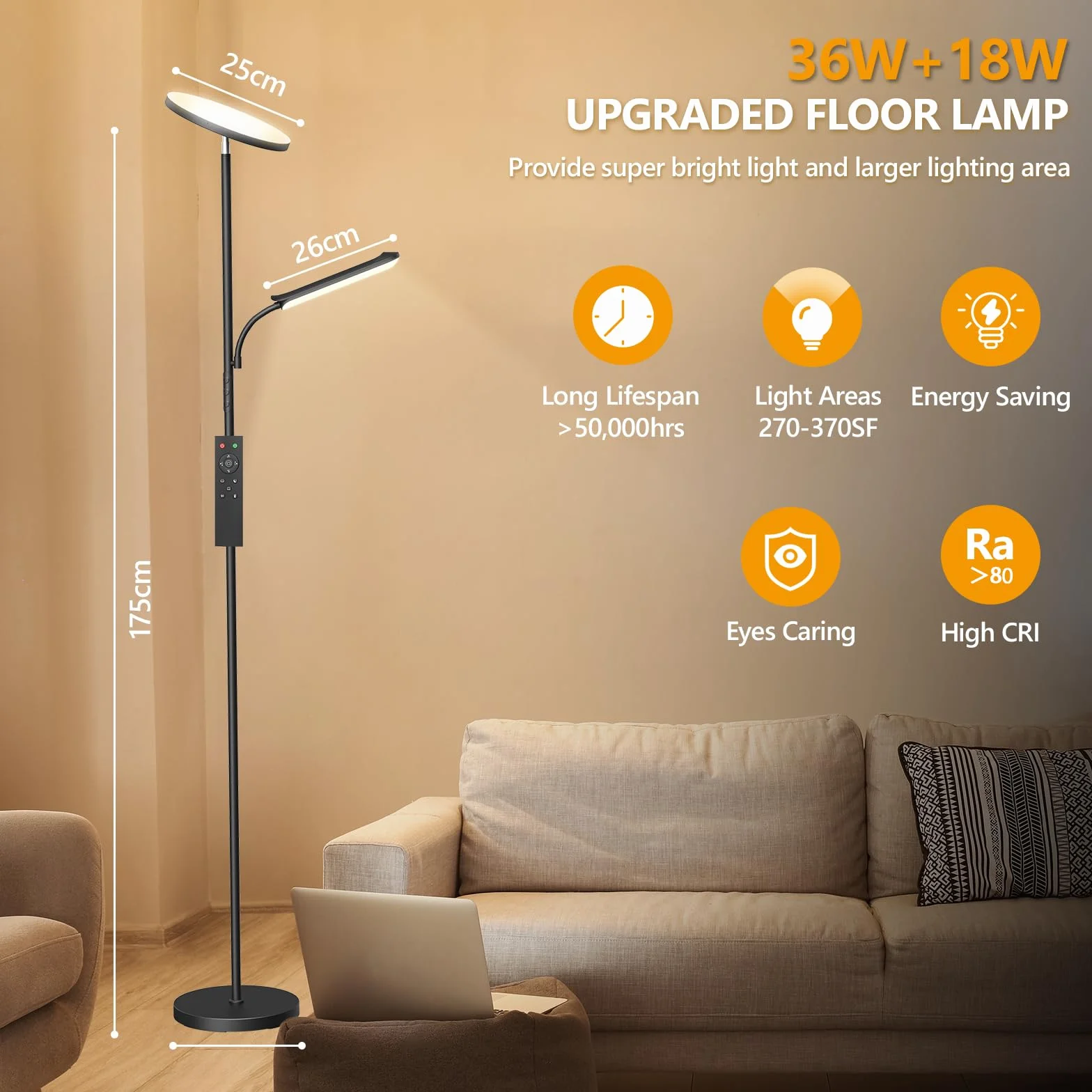 Lampa podłogowa LED 42 W, możliwość ściemniania, 4000 lm, super jasna, stojąca lampa podłogowa do salonu z czytnikiem lampy, 2700 K-6500K bezstopniowa ściemnialność, pilot zdalnego sterowania i
