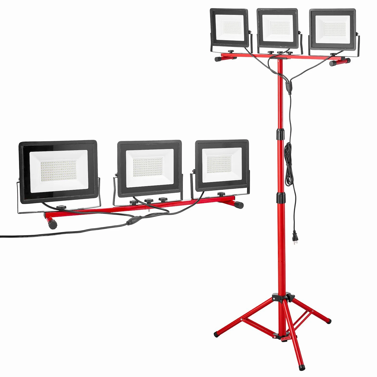 VEVOR Reflektor budowlany LED ze statywem, 15000 lumenów, 6000-6500 K, lampa robocza z trzema głowicami, pojedynczy przełącznik i kabel zasilający 3,3 m, do budowy budowy, wewnątrz i na zewnątrz