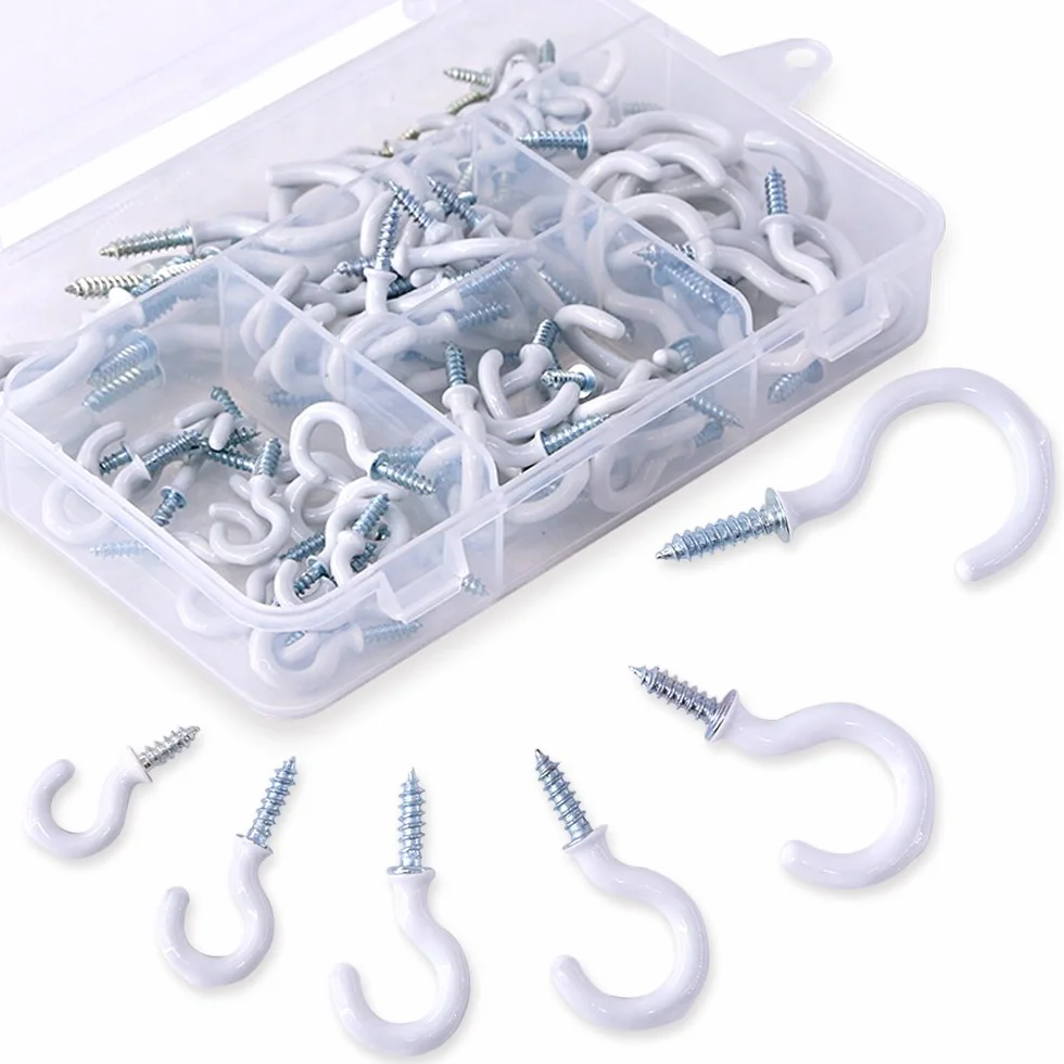 Swpeet 100 szt. białych haczyków na kubki, zestaw asortymentowy, powlekane winylem, haczyki na kubki śrubowe, do domu, biura i miejsca pracy - 1/5.1 cm, 5/20.3 cm, 3/10.2 cm, 7/20.3 cm, 1'', 1-1/10.2