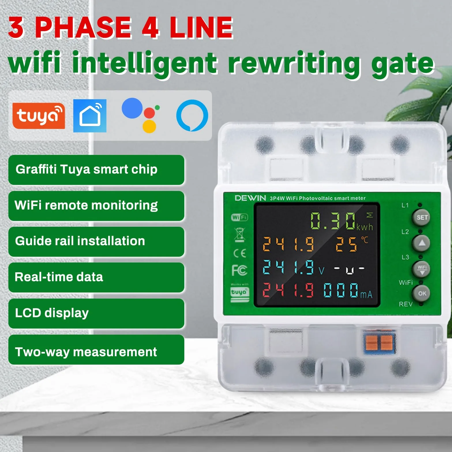 DEWIN Trójfazowy licznik energii elektrycznej WiFi, 100 A 380 VAC Miernik zużycia energii elektrycznej WiFi, trójfazowy licznik energii elektrycznej z kontrolą czasu/ochroną przed przepięciami ECC.