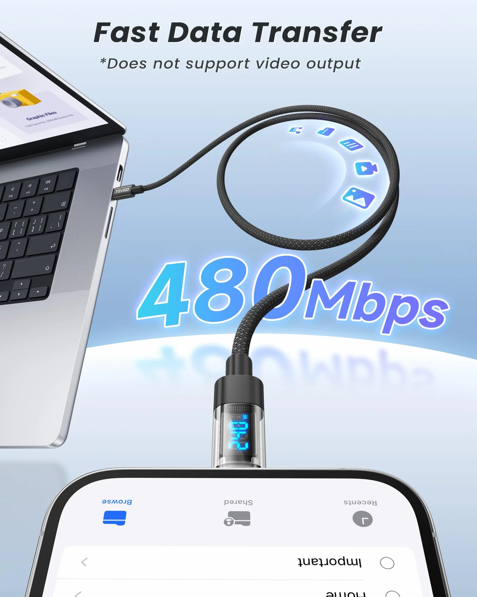 RAVIAD Kabel USB C 240W PD3.1 3M nylonowy pleciony QC3.0 do szybkiego ładowania USB C