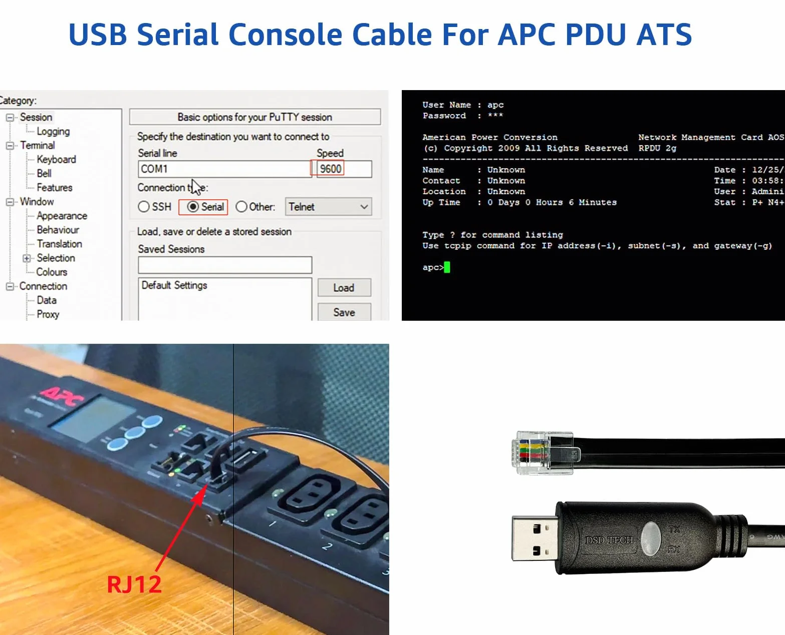 DSD TECH SH-RJ12B kabel szeregowy USB na RJ12 RJ11 6P4C RS232 czarny 18 cm