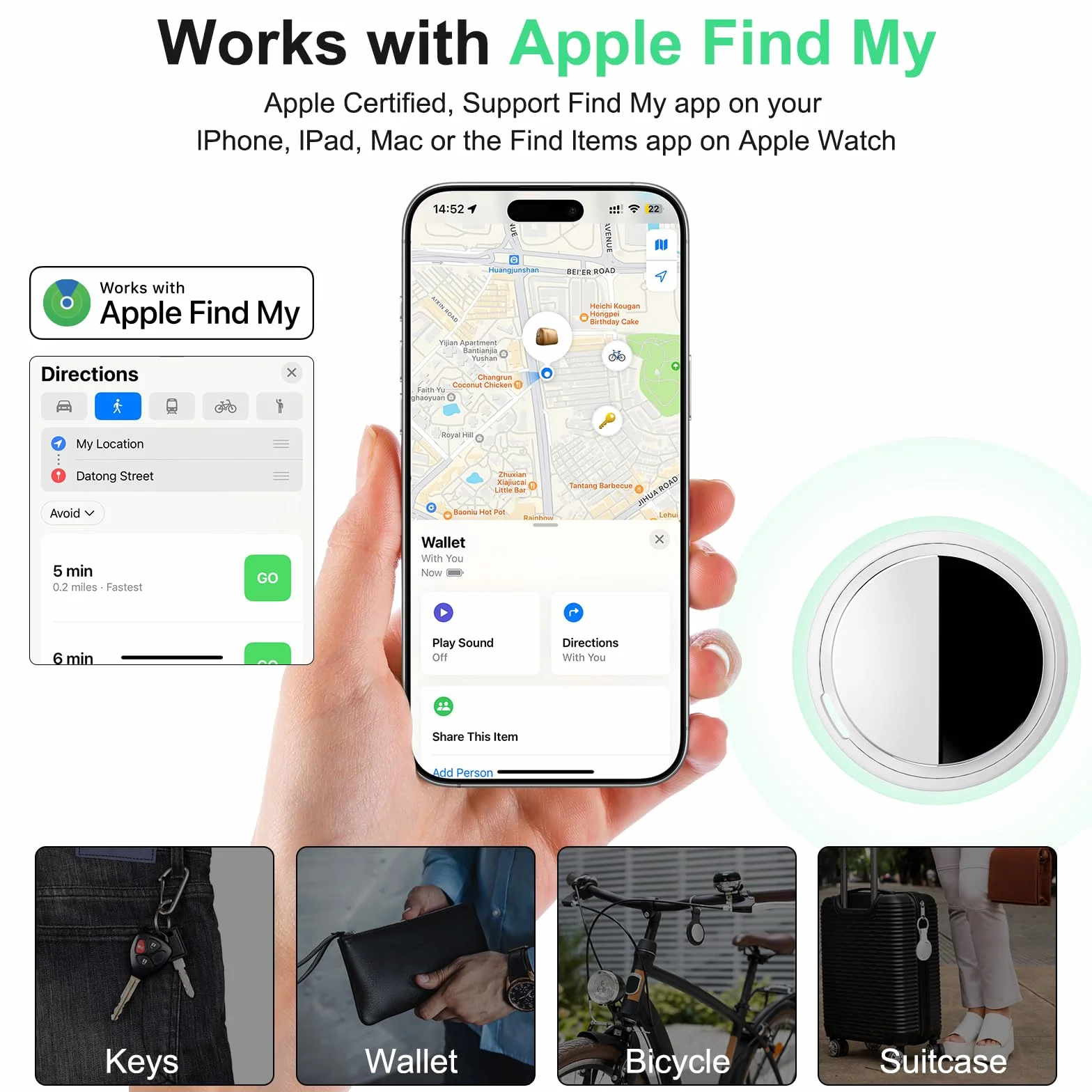 Smart Air Tracker Tag kompatybilny z Apple Where is? (tylko iOS), Smarttag Key finder do kluczy, roweru, portfela, walizki, psów, kotów (Biały, 4-Pack)