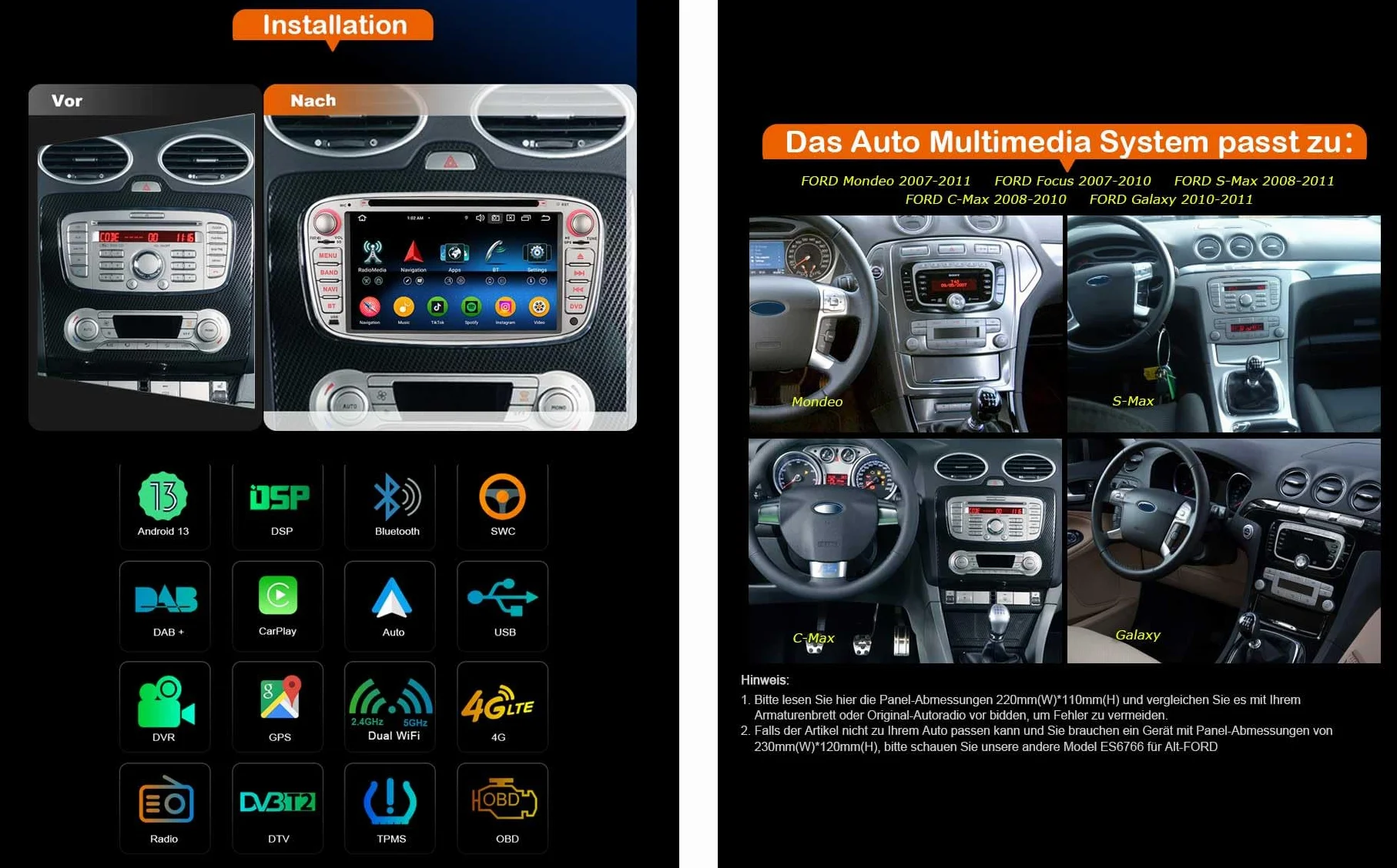Radio samochodowe Erisin 2 Din Android 14 4GB+64GB GPS Bluetooth 5.0 CarPlay Android Auto DSP WiFi DAB+ RDS SWC dla Forda Focus Mondeo S-Max C-Max Galaxy