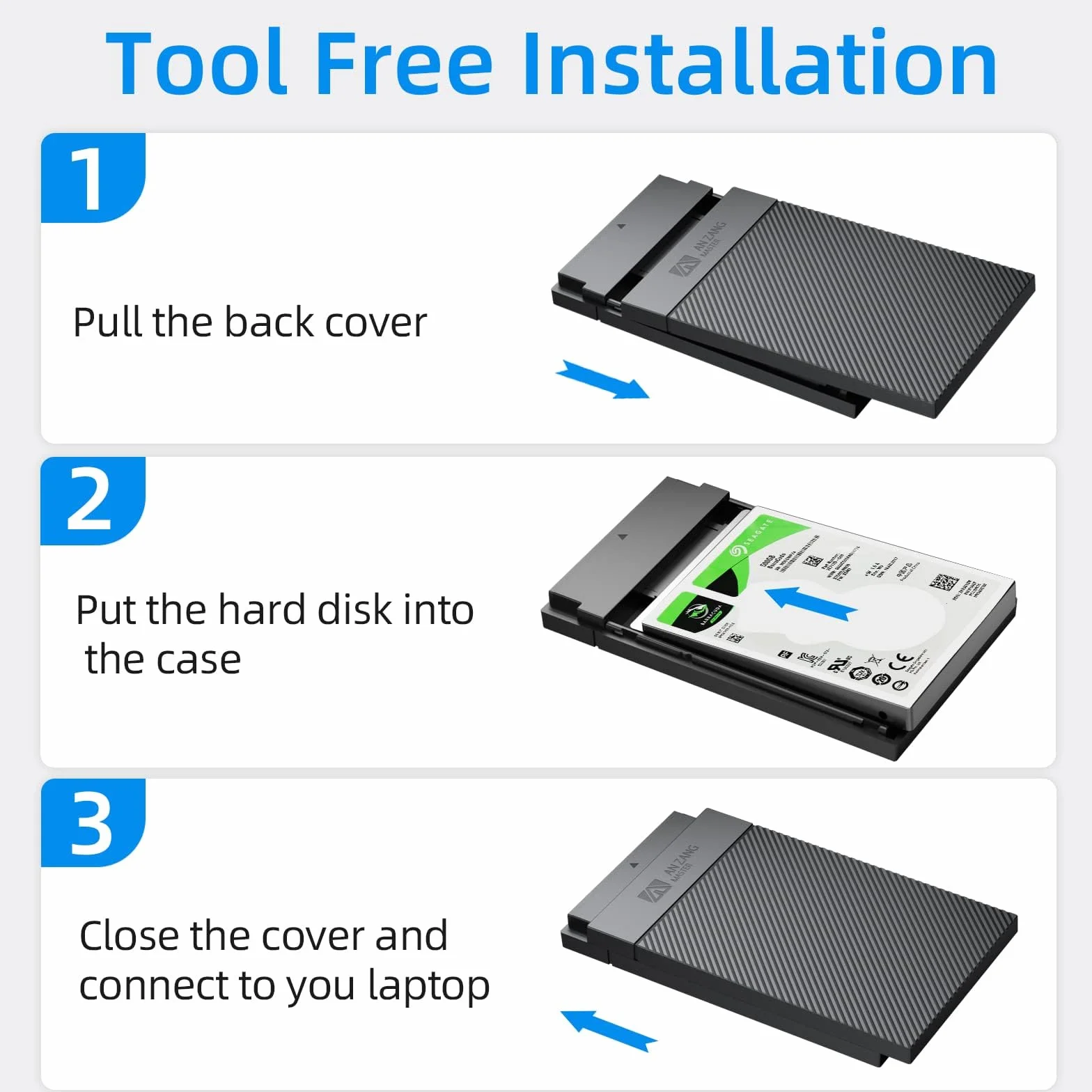 Obudowa dysku twardego 2,5, obudowa dysku twardego 2,5" USB 3.0 z kablem USB 3.0 Bez użycia narzędzi dla 2 5-calowych dysków SSD SATA i wysokości 9,5 mm 7 mm, obsługa UASP i wykończenia