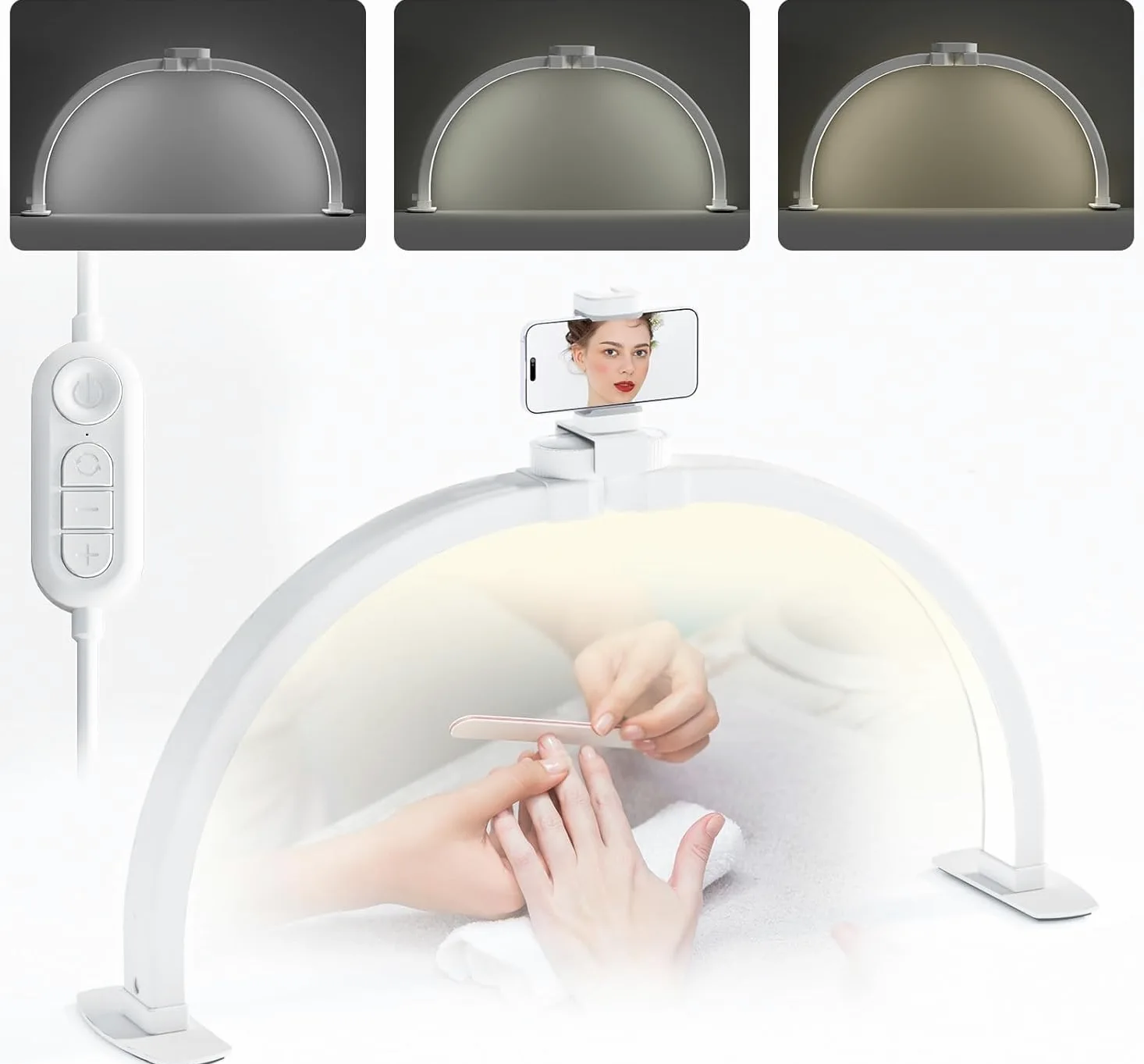 Lampa do paznokci pół księżyca, 23'' 42 W, przedłużająca rzęsy z uchwytem na telefon, lampa biurkowa na półksiężyc dla kosmetyczek, techników paznokci i kosmetyczki, 3000K-6500K (biała, 58 cm)