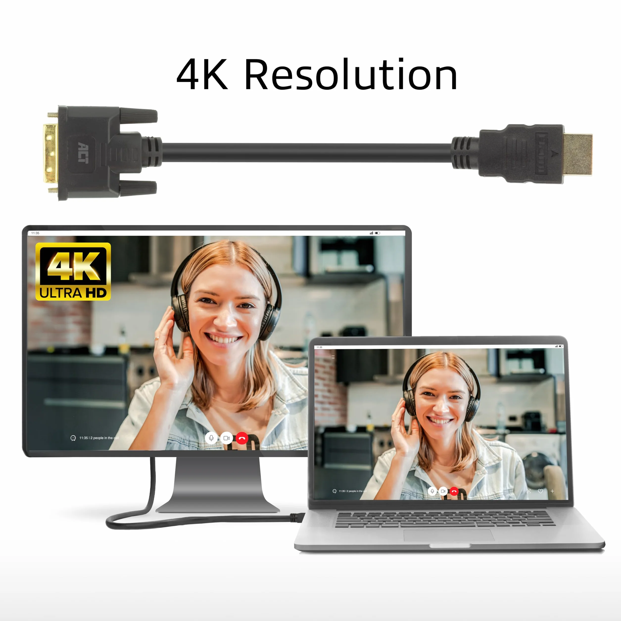 ACT Kabel HDMI na DVI 2 m, 4K 60 Hz, dwukierunkowy adapter HDMI DVI (DVI-D 18+1 pin) wtyczka na wtyczkę, pozłacana, do podłączenia monitora DVI – AK3735