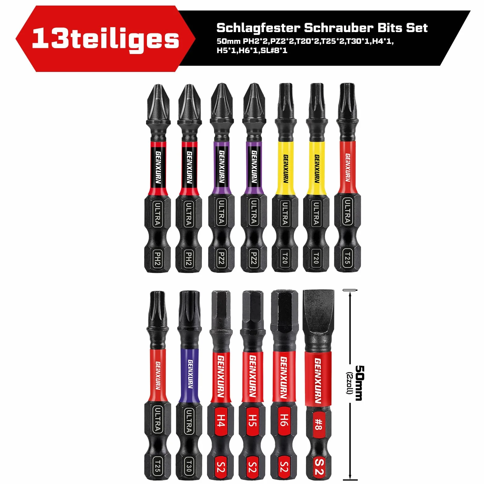 GEINXURN 13-częściowy zestaw bitów 50 mm PH PZ Torx Hex SL zestaw bitów udarowych, 1/4 cala sześciokątny trzpień S2 stal stopowa magnetyczny zestaw bitów do wkrętarek, ultra kod koloru