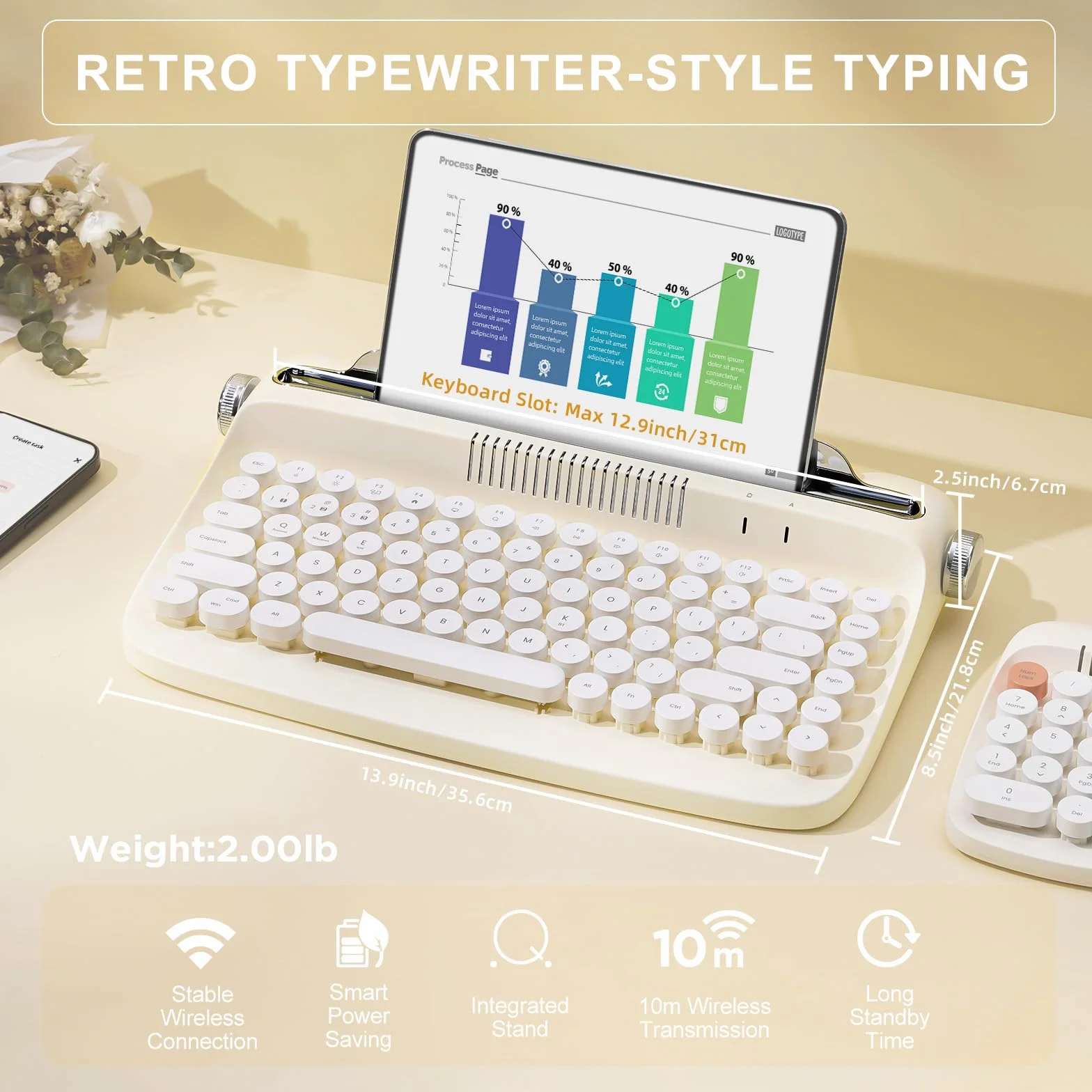 YUNZII ACTTO B303 bezprzewodowa klawiatura do pisania w stylu retro, klawiatura Bluetooth ze zintegrowanym stojakiem do wielu urządzeń, układ brytyjski (masło kości słoniowej)