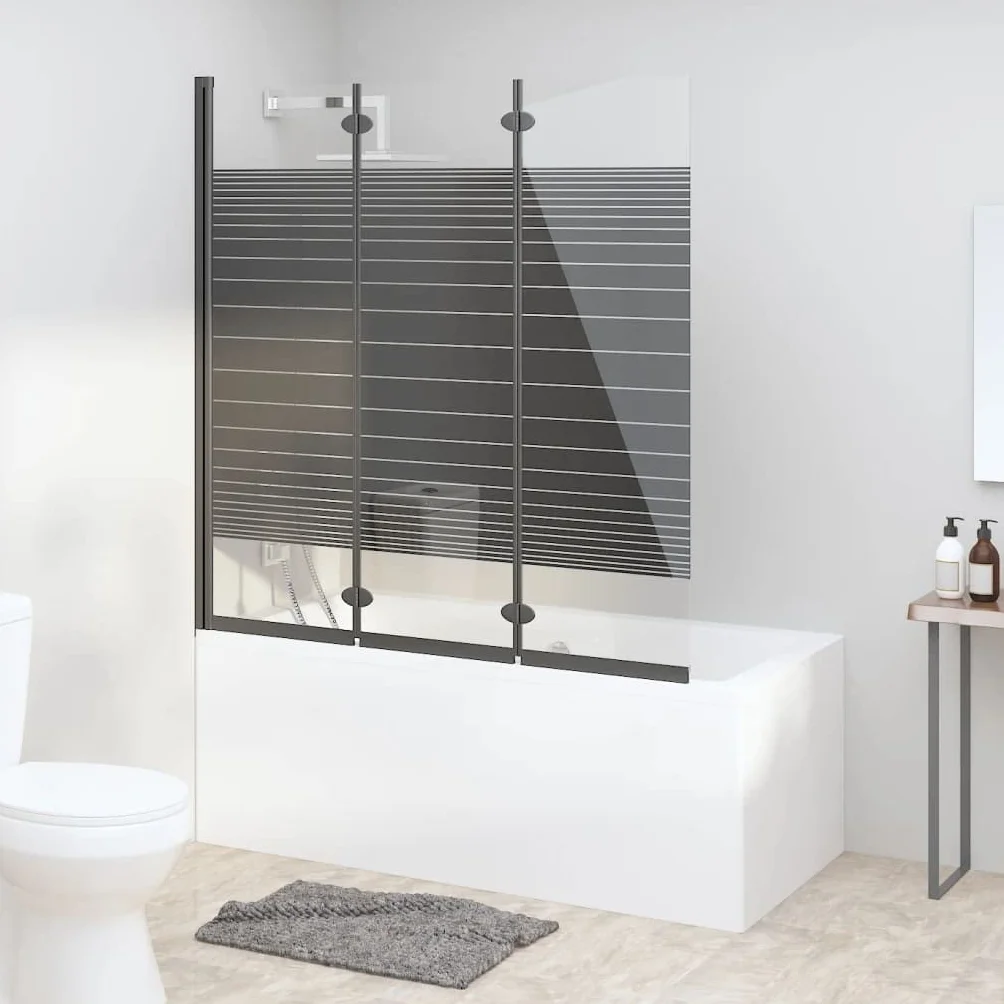 vidaXL Składany parawan nawannowy, 3 panele, 130x130 cm, ESG, czarny, parawan wannowy, parawan nawannowy, parawan na wannę, parawany wannowe