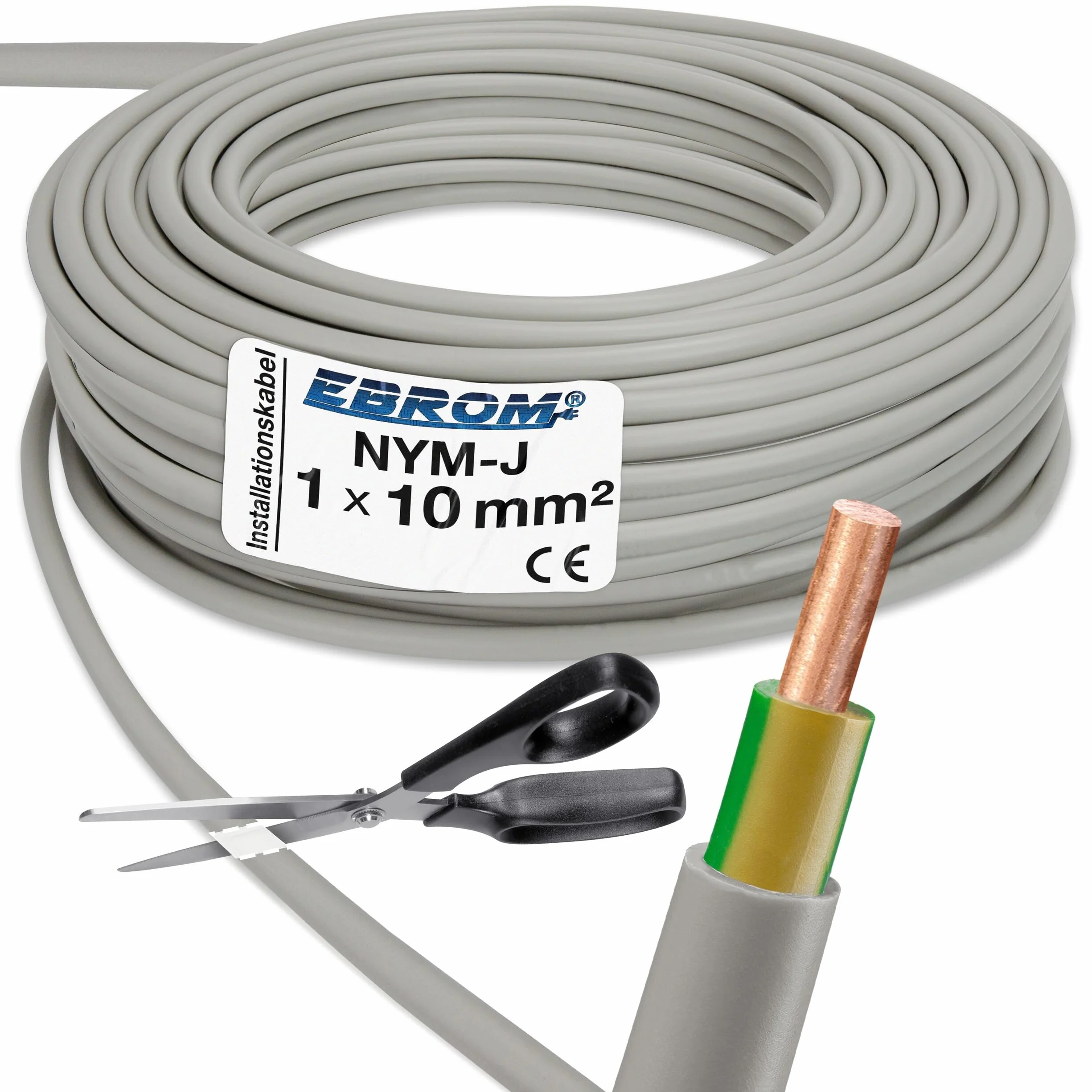 Przewód płaszczowy, przewód uziemiający, szary, NYM-J 1 x 10 mm², towar sprzedawany na metry z dokładnością do metra - wybór w odstępach 1 metra - przykład: 20 m - 25 m - 35 m - 50 m itd.