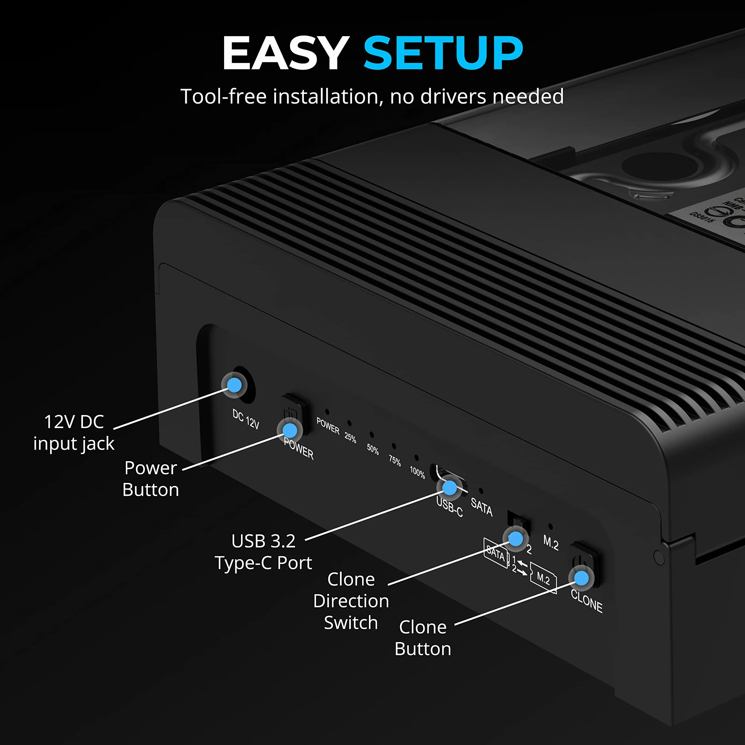 SABRENT M.2 SSD & HDD obudowa dysku twardego, 2,5" 3,5" SATA & M2 NVMe Dock, USB C 10 Gbps z klonowaniem offline (DS-UFNC)