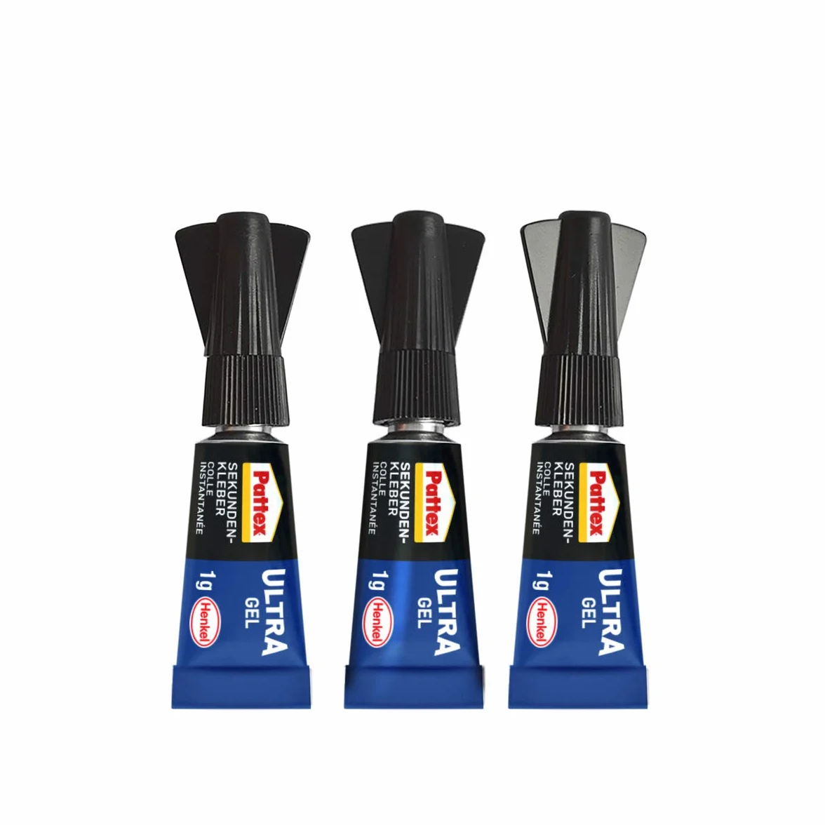 Pattex Klej błyskawiczny Ultra Gel Mini Trio, bardzo mocny i elastyczny superklej w 3 tubkach, klej błyskawiczny w żelu np. do gumy, skóry, drewna, tubka 3 x 1 g, 9H PSMG3