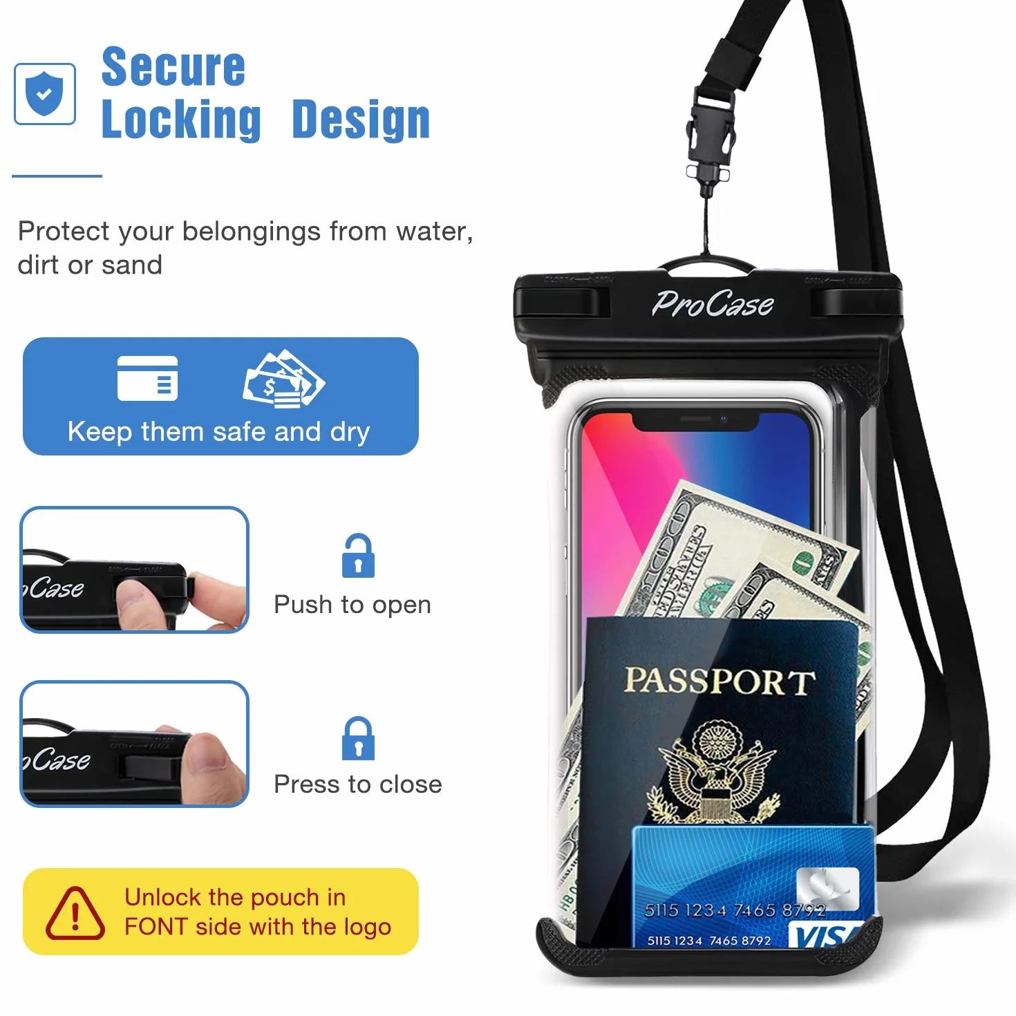 ProCase wodoodporne etui na telefon IPX8 do iPhone 15 14 13 12 Pro Max Samsung Galaxy S24 S23 Ultra S22 A54 7 cali czarne