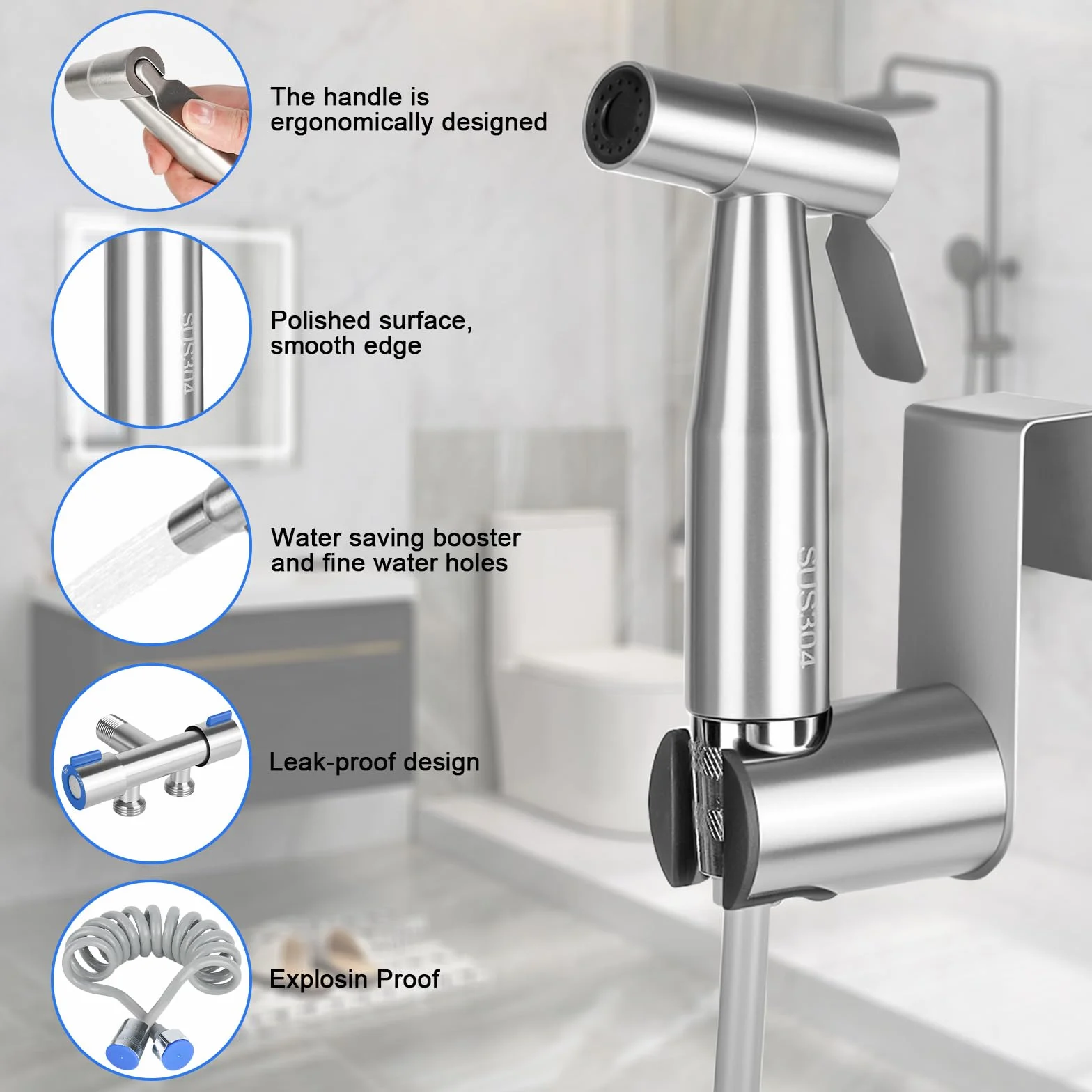 Bidet słuchawka prysznicowa, bidet ze stali nierdzewnej, uniwersalne przyłącze G1/2", wąż sprężynowy 2 m, uchwyt ścienny, głowica prysznicowa ze stali nierdzewnej, do kąpieli dla zwierząt