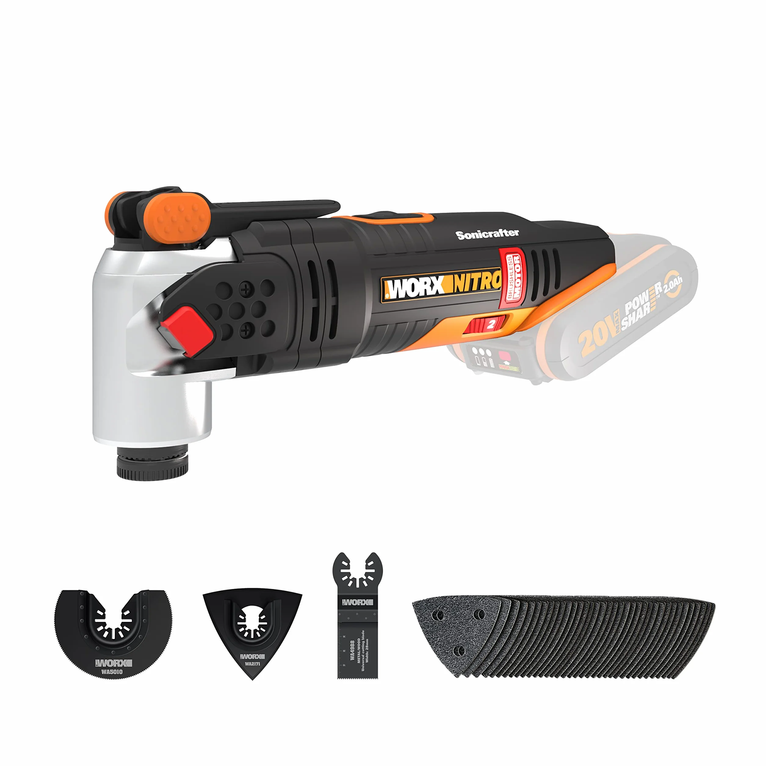 WORX WX693.9 Nitro Sonicrafter Akumulatorowe Narzędzie Wielofunkcyjne 20V, Silnik Bezszczotkowy, do Cięcia, Polerowania, Piłowania, do Obróbki Różnych Materiałów, bez Akumulatora i Ładowarki