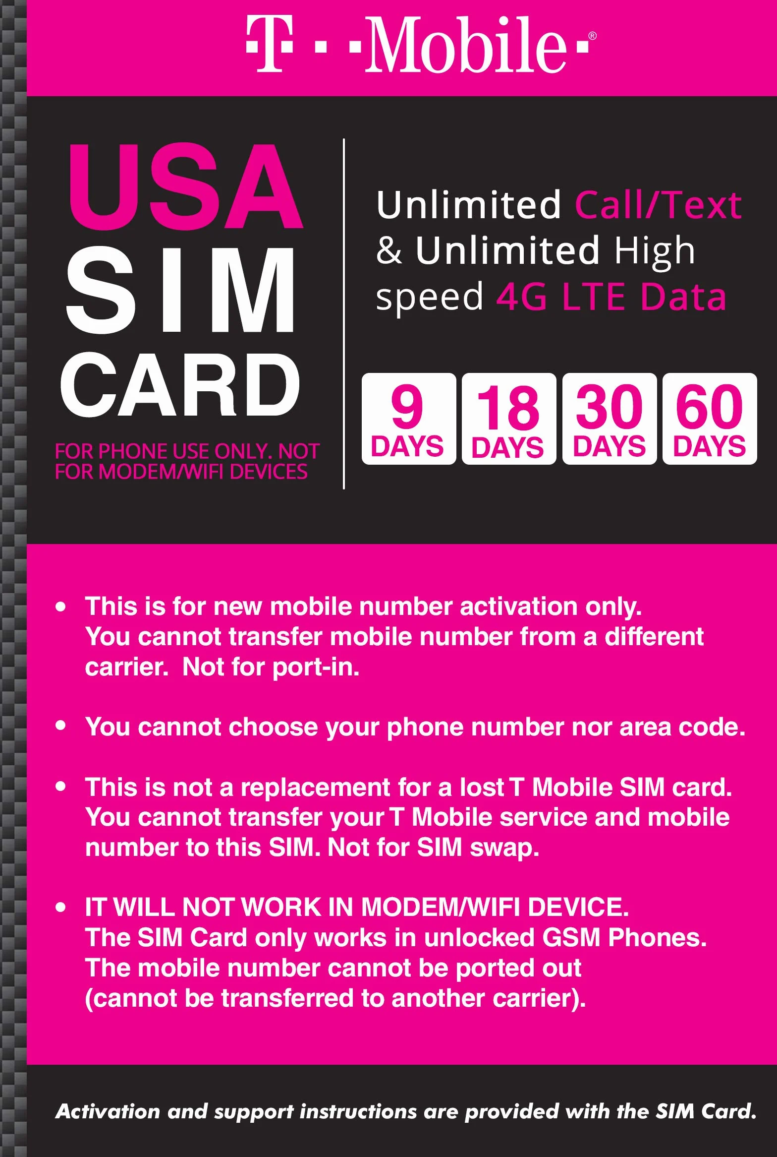 T-Mobile USA Prepaid Travel SIM Card 4G LTE Unlimited Call SMS Data 30 dni