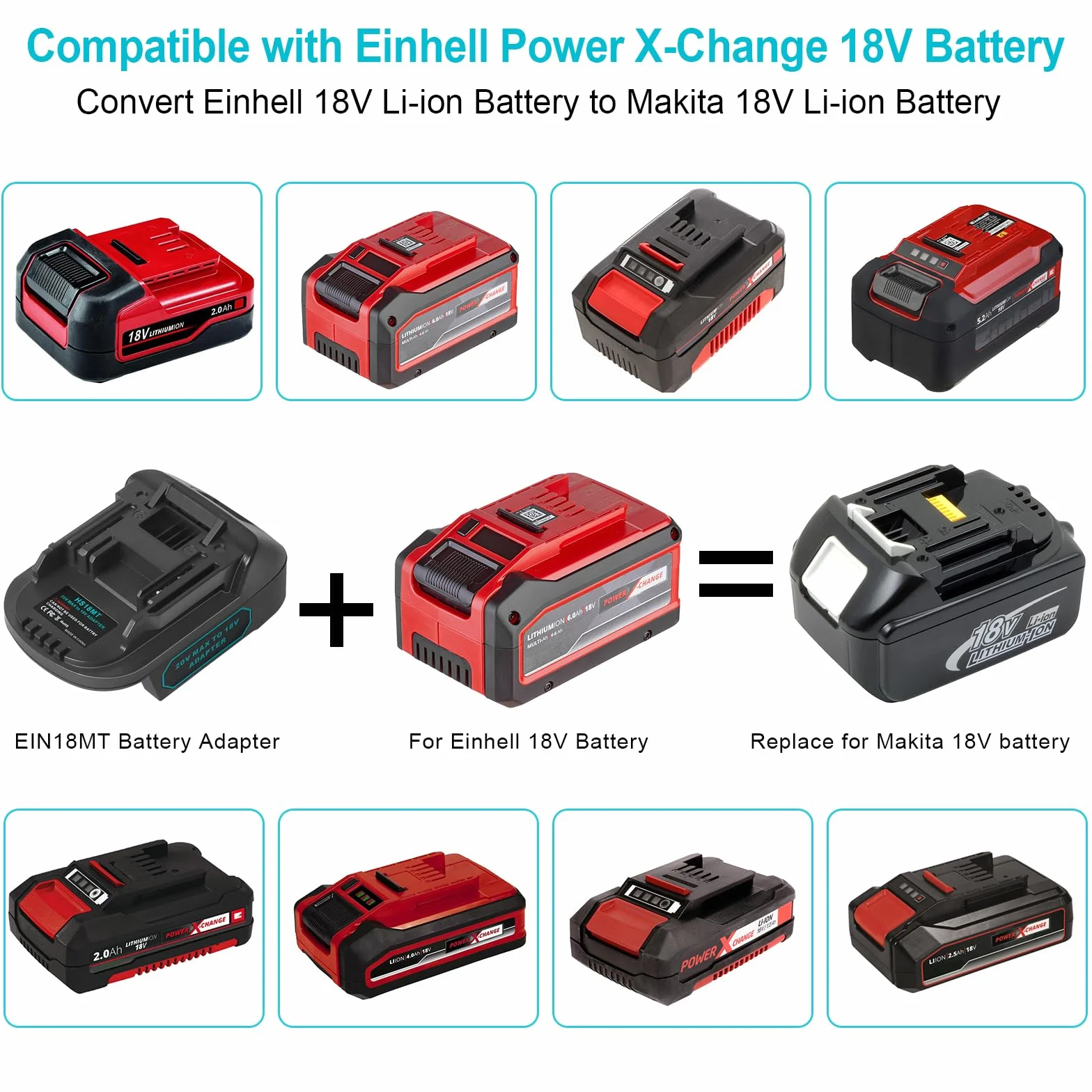 QUPERR USB Adapter baterii kompatybilny z Einhell 18V do Makita 18V | z portami USB-A i USB-C do ładowania.