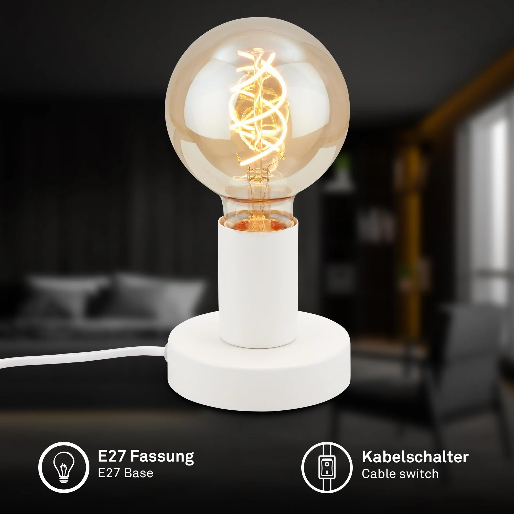 Briloner Leuchten - Lampa stołowa, lampa stołowa, lampka nocna, 1x E27, maks. 10 W, w zestawie przełącznik kablowy, biała, 100x90mm (śr. x wys.)