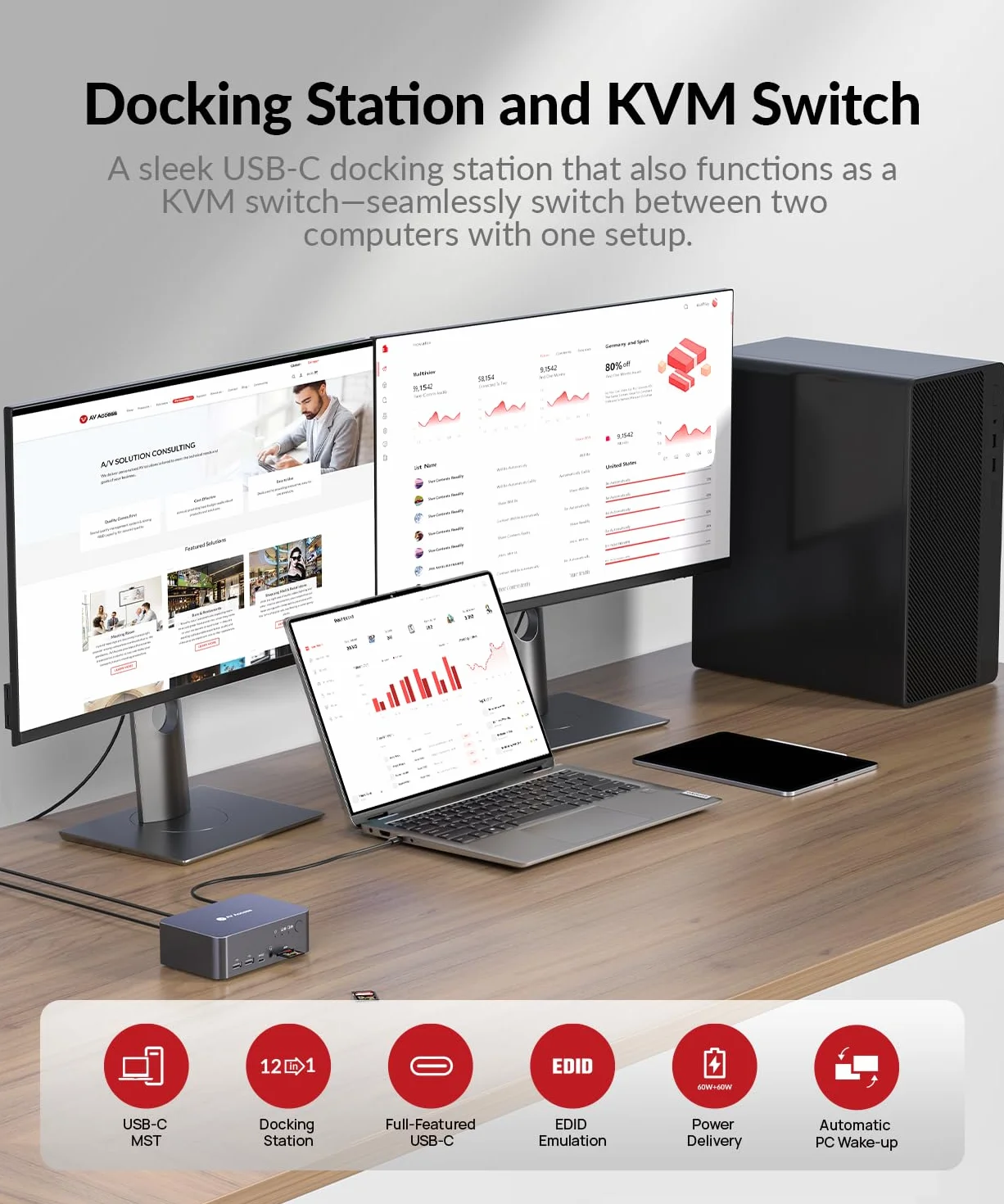 AV Access Stacja dokująca KVM Switch Dual Monitor USB-C 4K 60Hz, Aluminium, EDID, Ethernet