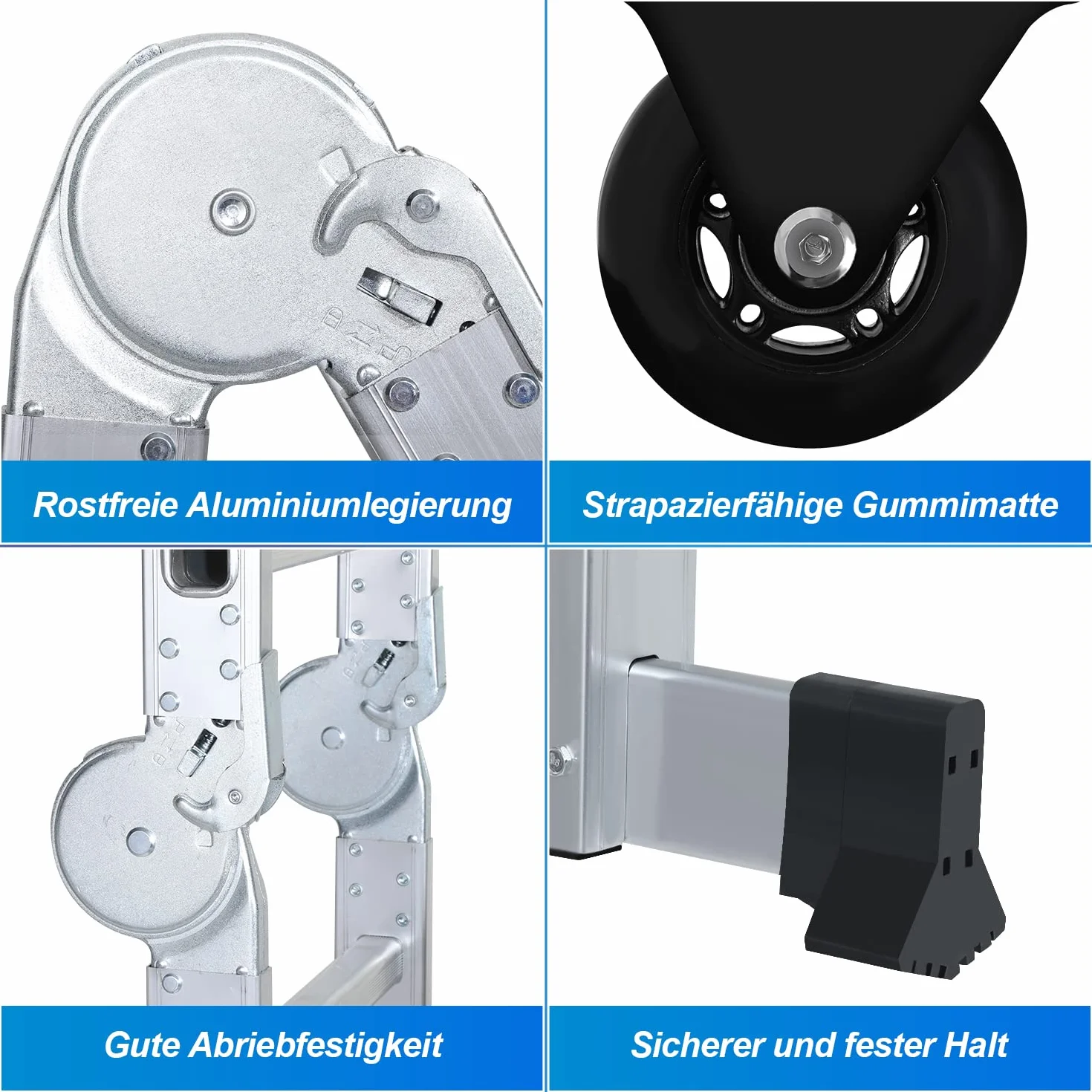 Aluminiowa Wielofunkcyjna Drabina 4,7 m, 4 x 4 Stopnie, Z Platformą, Z 2 Płytami Rusztowania, Do 150 kg, Składana 16 Stopni, Srebrna