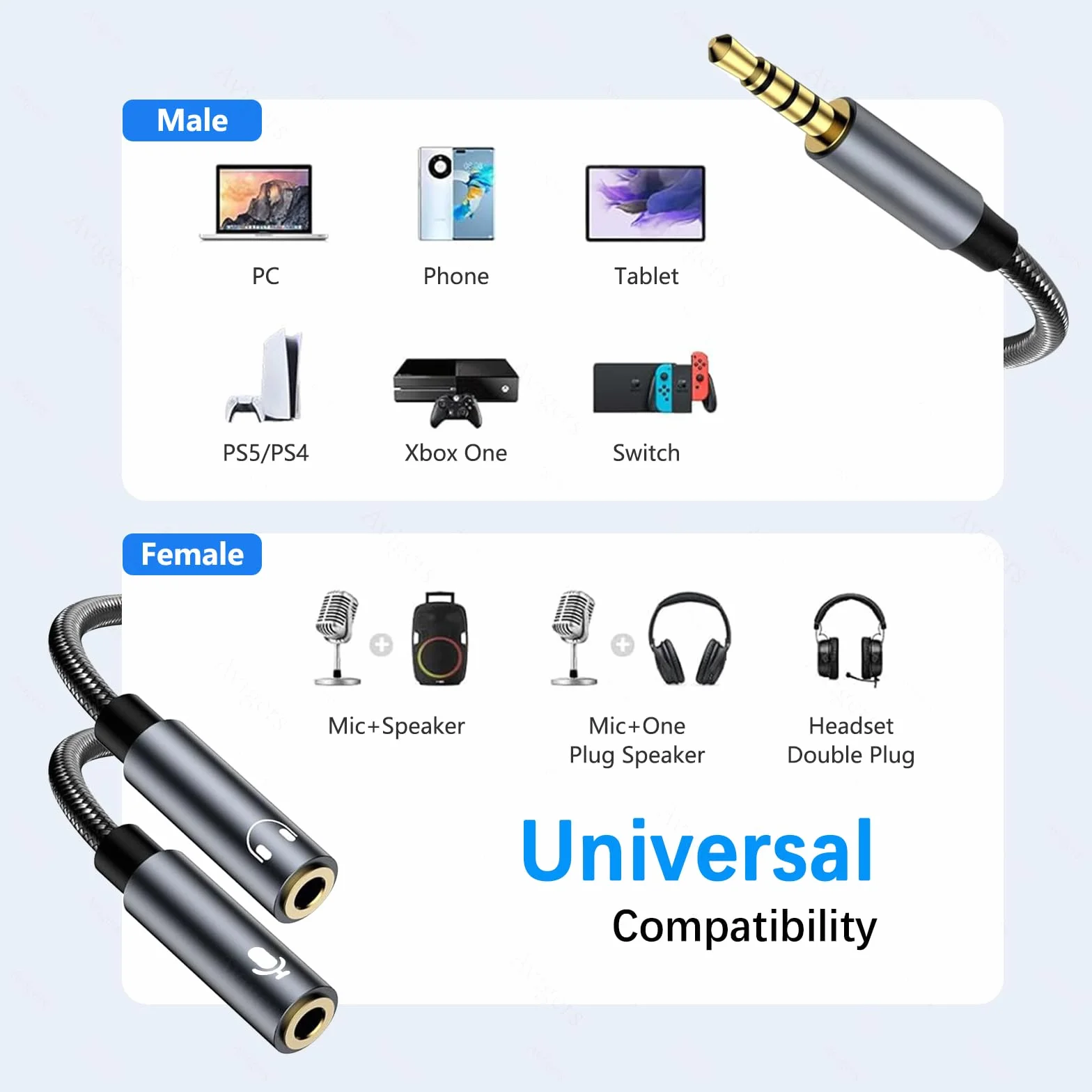 Adapter audio Y rozdzielacz jack 3,5 mm słuchawki mikrofon kabel AUX