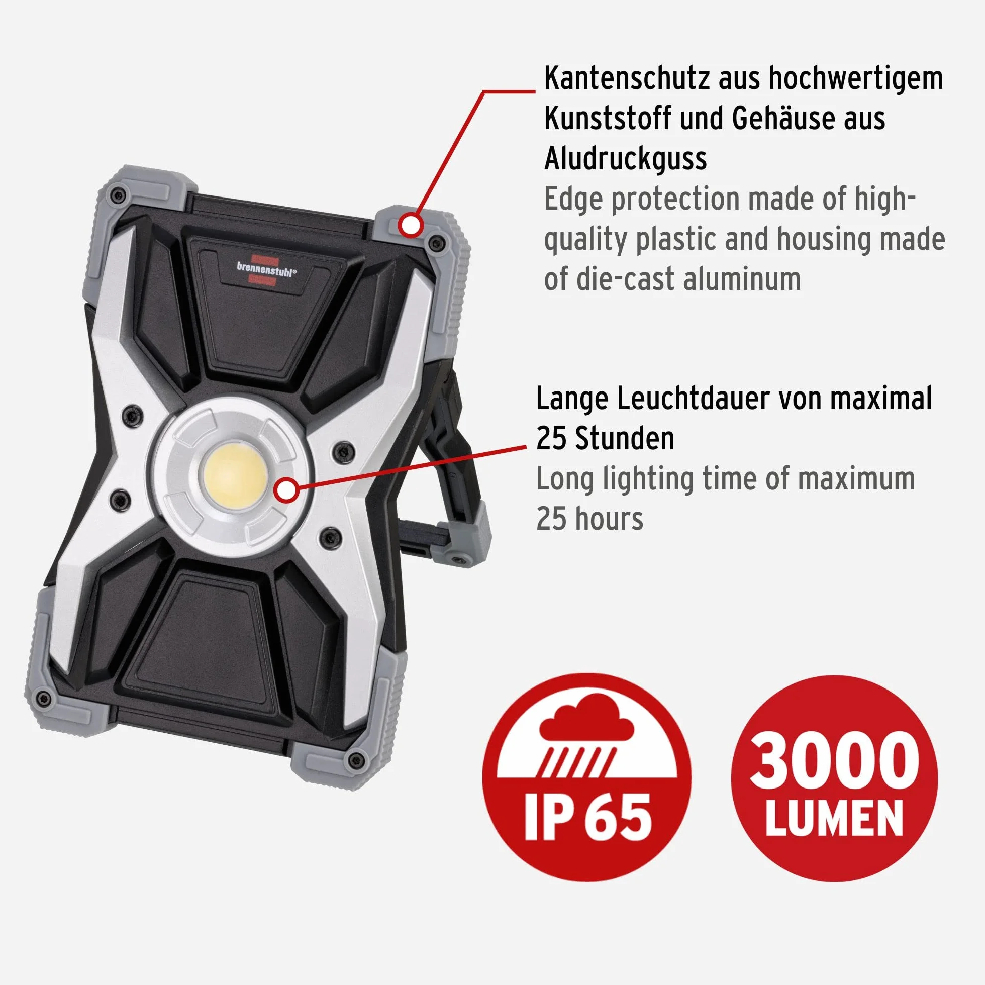 Brennenstuhl Akumulatorowa lampa robocza LED Rufus/LED lampa warsztatowa na zewnątrz (3000 lm, 30 W, 5 trybów, powerbank, ładowarka USB, wykonana z odlewanego ciśnieniowo aluminium)