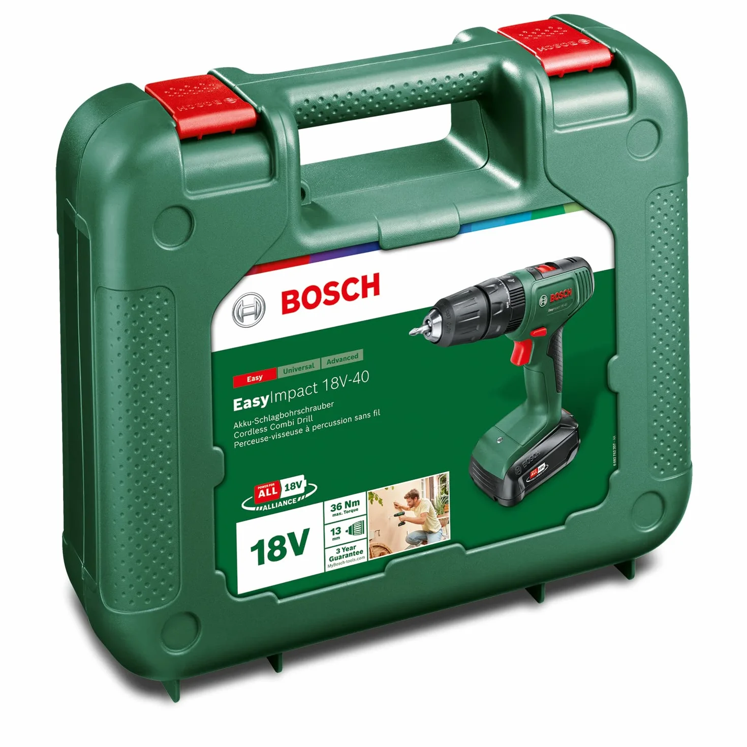 Bosch Home and Garden Akumulatorowa Wiertarka Udarowa Bosch EasyImpact 18V-40, 1 Akumulator 2 Ah, System 18V, Walizka