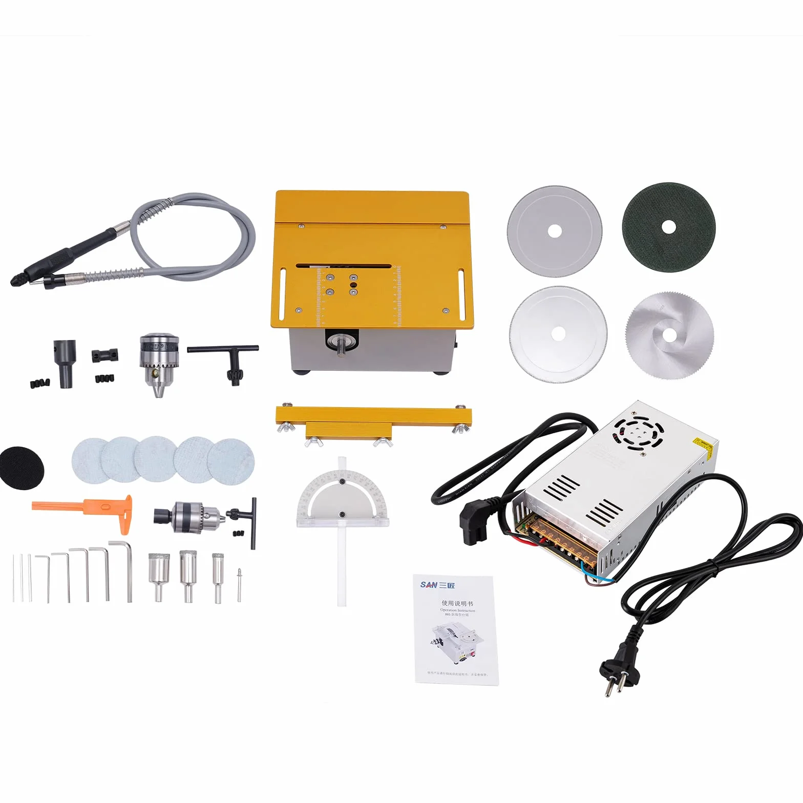 Profesjonalna mini piła stołowa z 4 ostrzami 9000 obr./min, przenośna stołowa pilarka tarczowa 300 W, elektryczna piła stołowa o grubości cięcia 0-29 mm, modelarstwo, cięcie, polerowanie