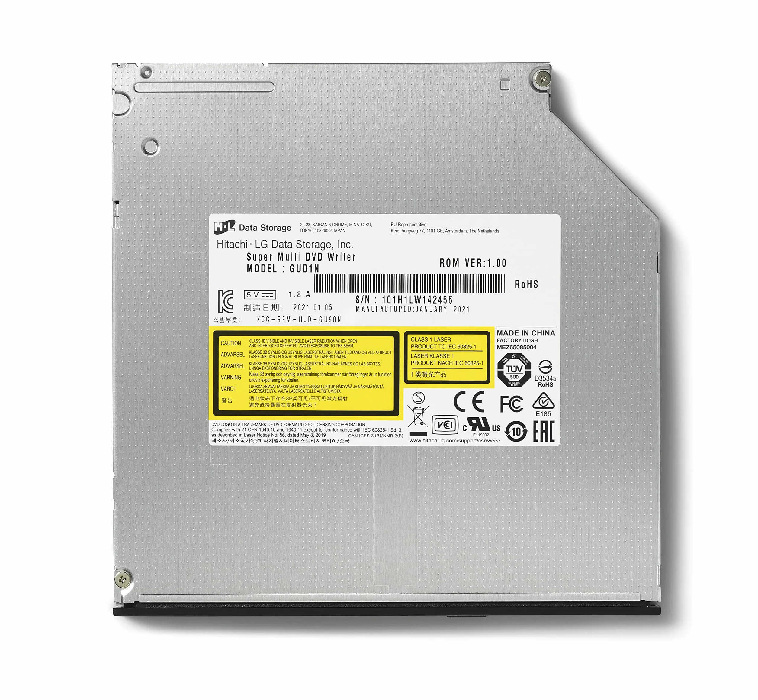 Hitachi-LG GUD1N Internal DVD Drive, Slim 9.5 mm DVD Player/Writer for Laptop/Desktop PC, Windows 10 Compatible, 8x Read/Write Speed - Black