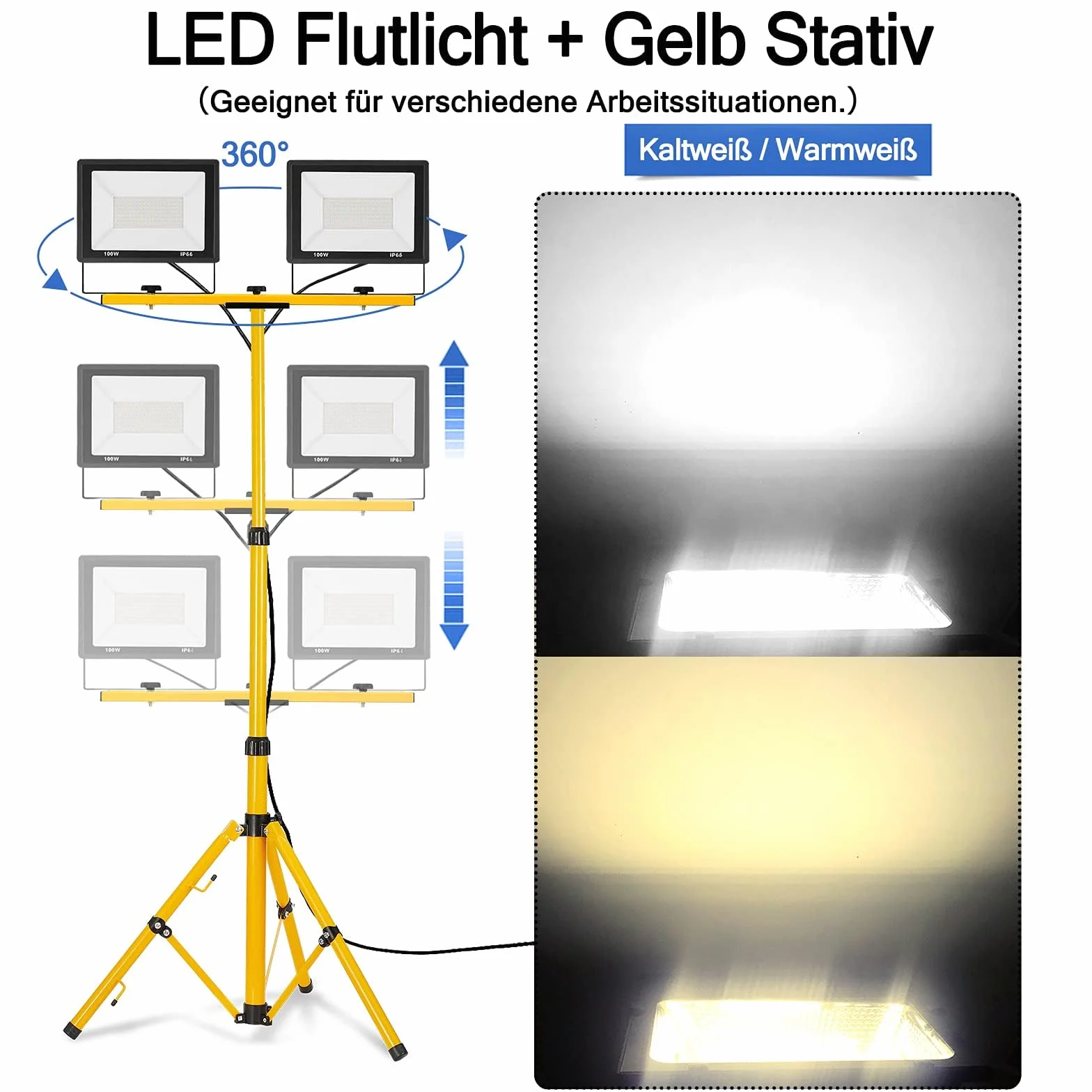 FIVMEN Reflektor budowlany 2 x 100 W 8500 lm LED reflektor lampa robocza ze statywem i wtyczką kabla 3 m, wodoszczelna IP66, do garażu, warsztatu, placu budowy, ciepła biel