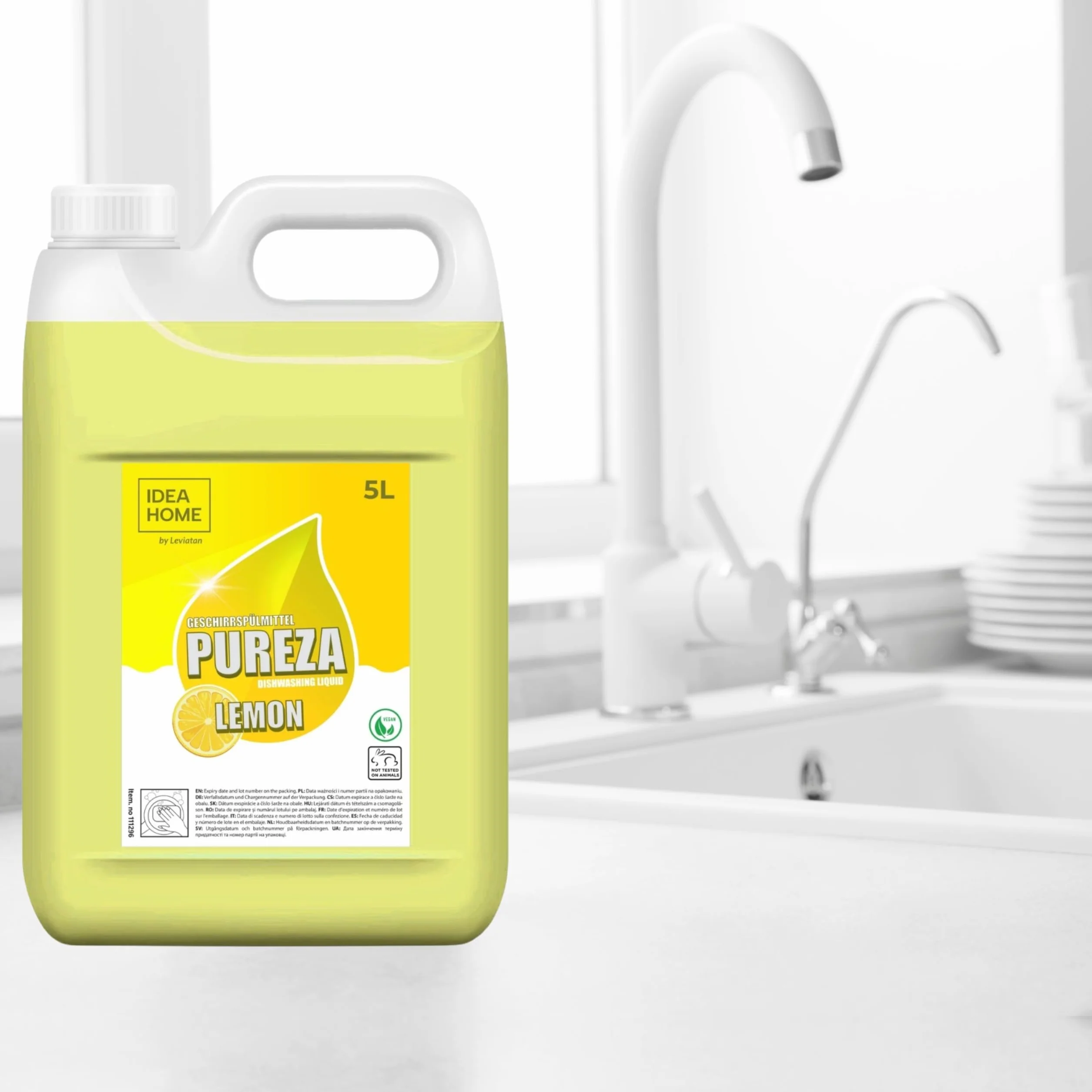 IDEA HOME Pureza 5 l, zrównoważony płyn do mycia naczyń, silny środek do usuwania tłuszczu, płyn do mycia naczyń, na bazie roślin, cytryna