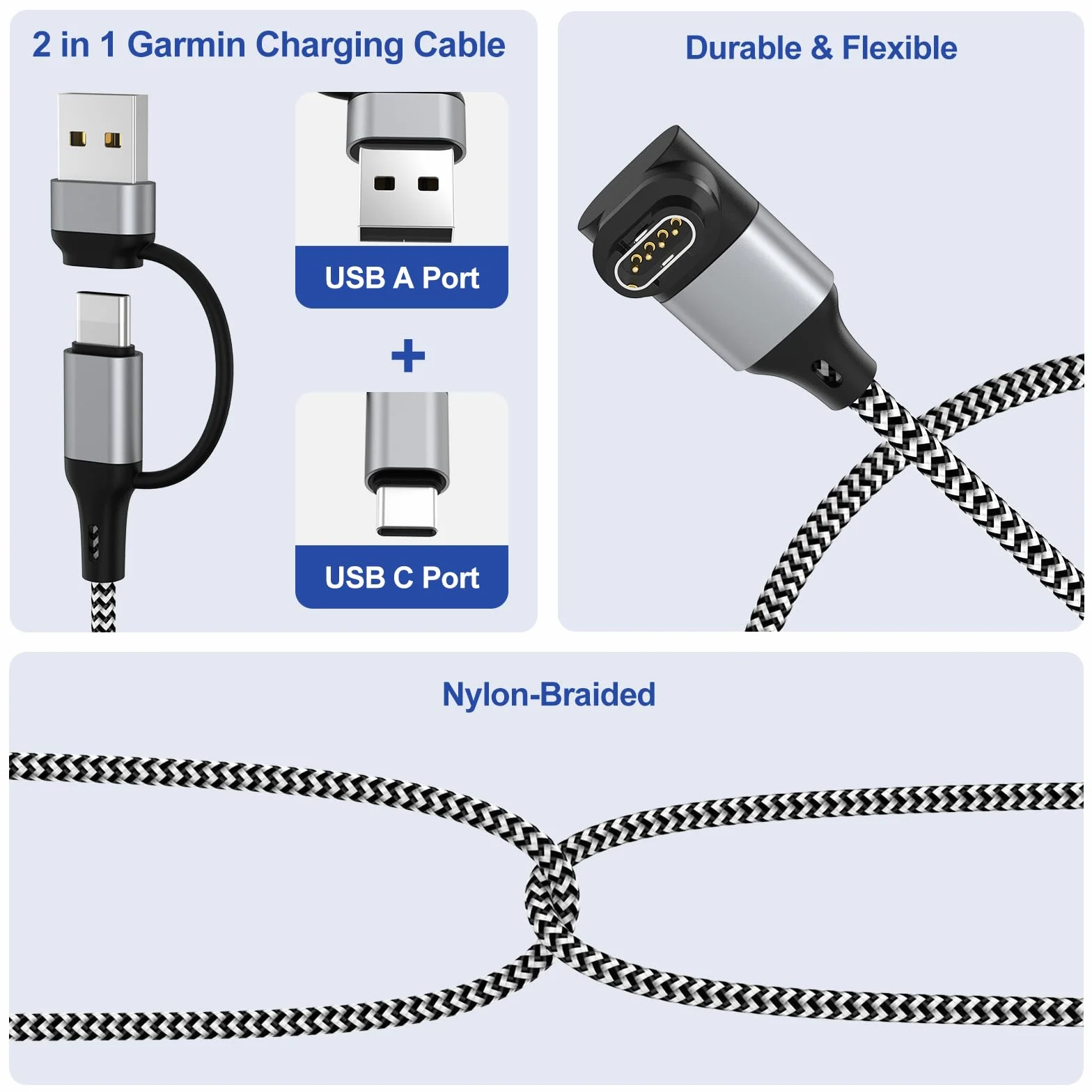 Adapter USB C do zegarka Garmin, kabel ładujący do Fenix 8 E 7 7X 7S Sapphire Solar, Forerunner 970 965 955 570 265 255 165 55 45, Vivoactive 6 5 4 Czarny/Biały