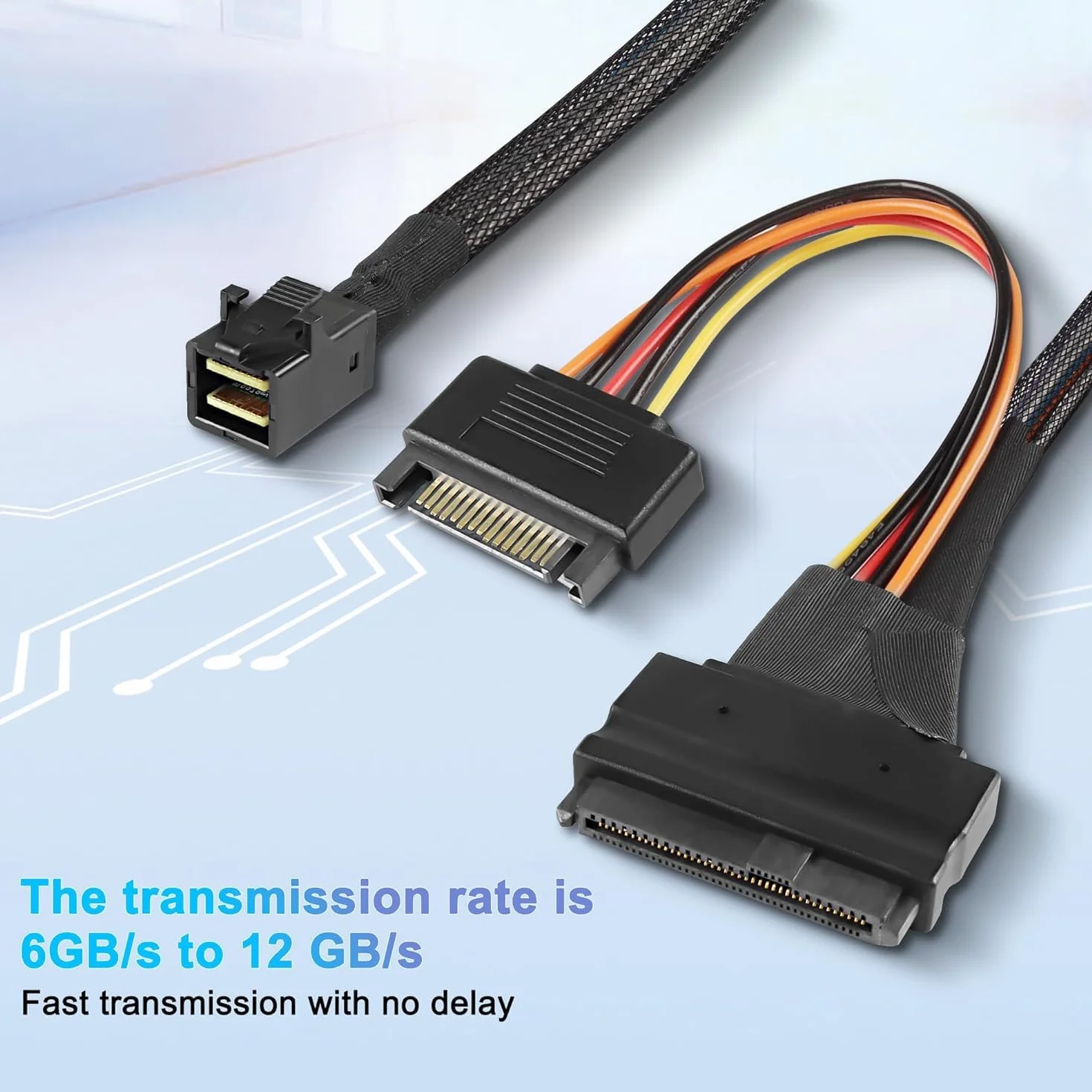 XMSJSIY Mini SAS HD SFF-8643 na SAS 8639 12 Gb/s wewnętrzny serwer NVMe kabel połączeniowy SSD z 15-biegunowym zasilaczem SATA 50 cm/19,6 cala