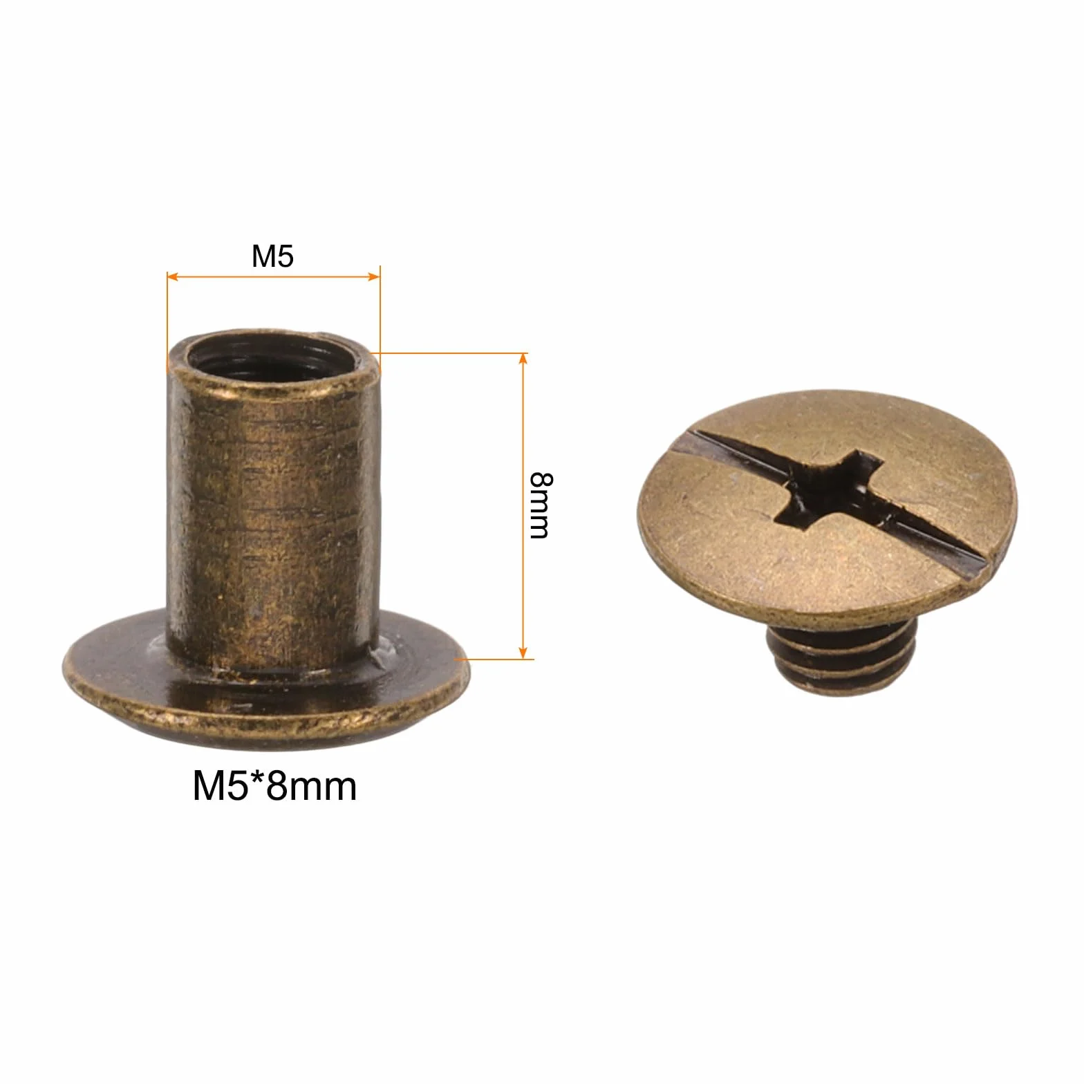 QUARKZMAN Zestaw 50 śrub Chicago M5 x 8 mm, metalowa głowica Phillips, śruby do wiązania, słupki, nity, do samodzielnego wykonania, skórzanego paska, torebki, rzemiosła, wiązania książek, brązu