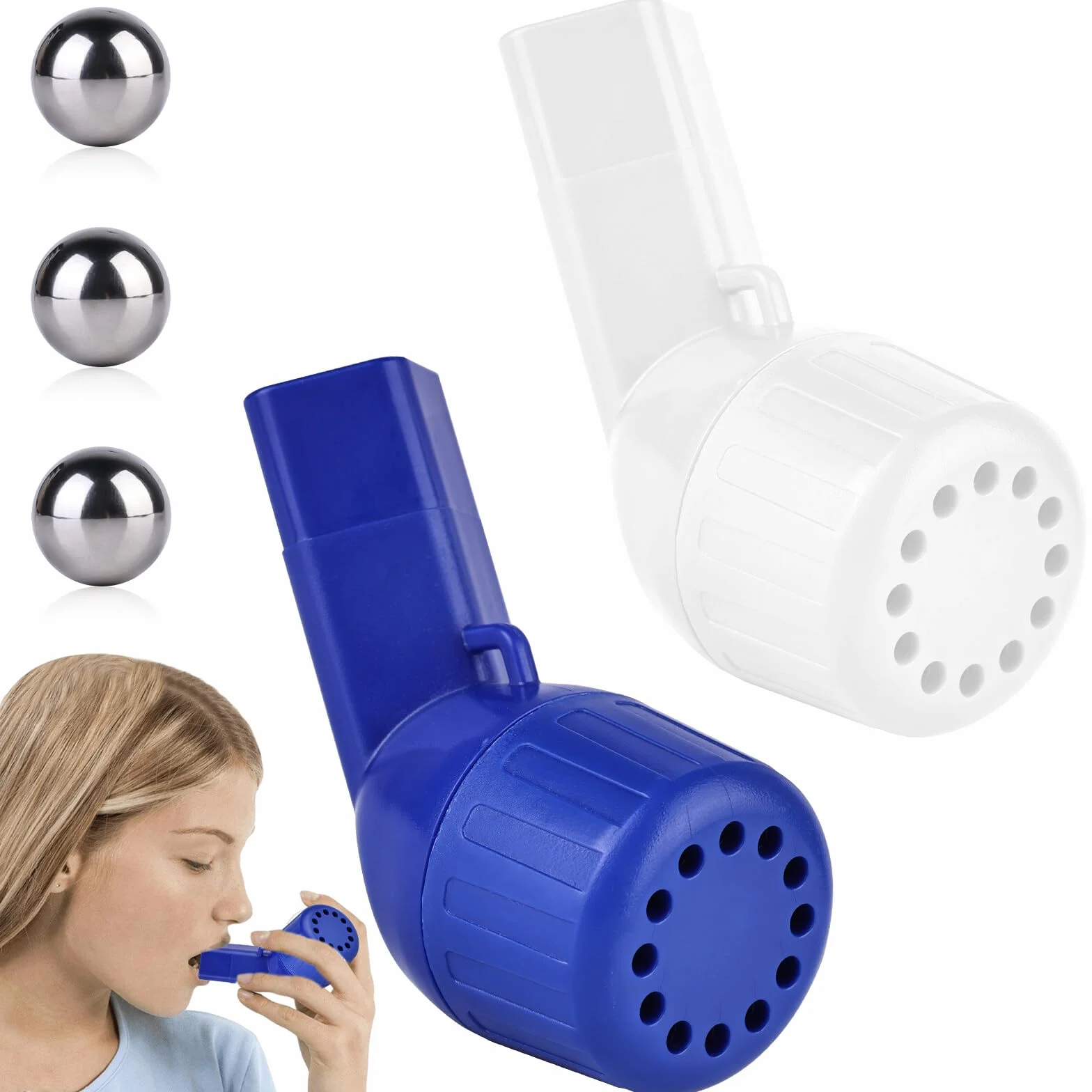 Air Physio oryginalny przyrząd do oddychania, trener płuc, z 3 stalowymi kulkami, urządzenie do usuwania śluzu, dla pacjentów z chorobami układu oddechowego wytwarzającymi śluz (biały + niebieski)