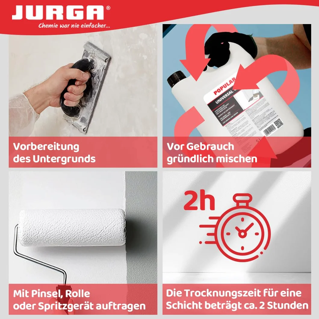JURGA Popular Grunt l 1L (≈10m²) do ścian i podłóg uniwersalny podkład preparat gruntujący do użytku na zewnątrz i wewnątrz na chłonne porowate podłoża